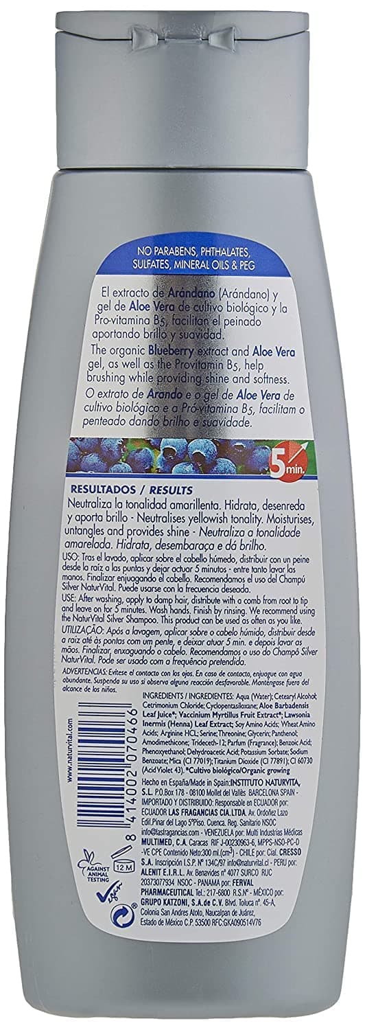 Natur Vital Silver Mask for White/Gray Hair 300 ml. Neutralizes Yellowish Tones. with Blueberry, Aloe Vera and Provitamin B5 NO PARABENS,NO SULFATES
