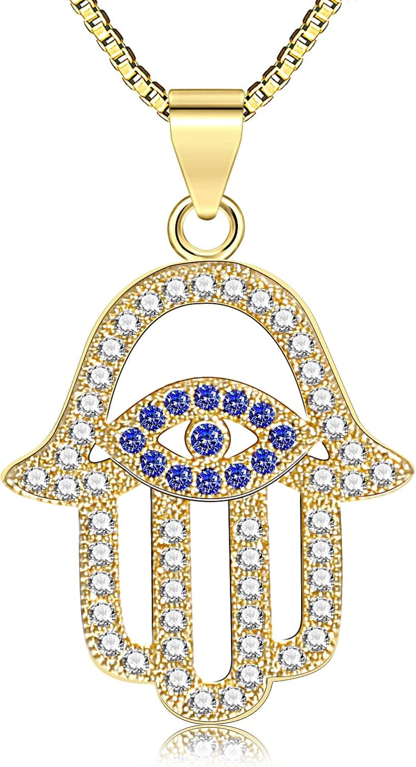 Necklaces for Women 18K Gold Plated Butterfly Hasma Hand Lock Cross Necklaces Dainty Cubic Zirconia Pendant Necklace Minimalist Trendy Jewelry