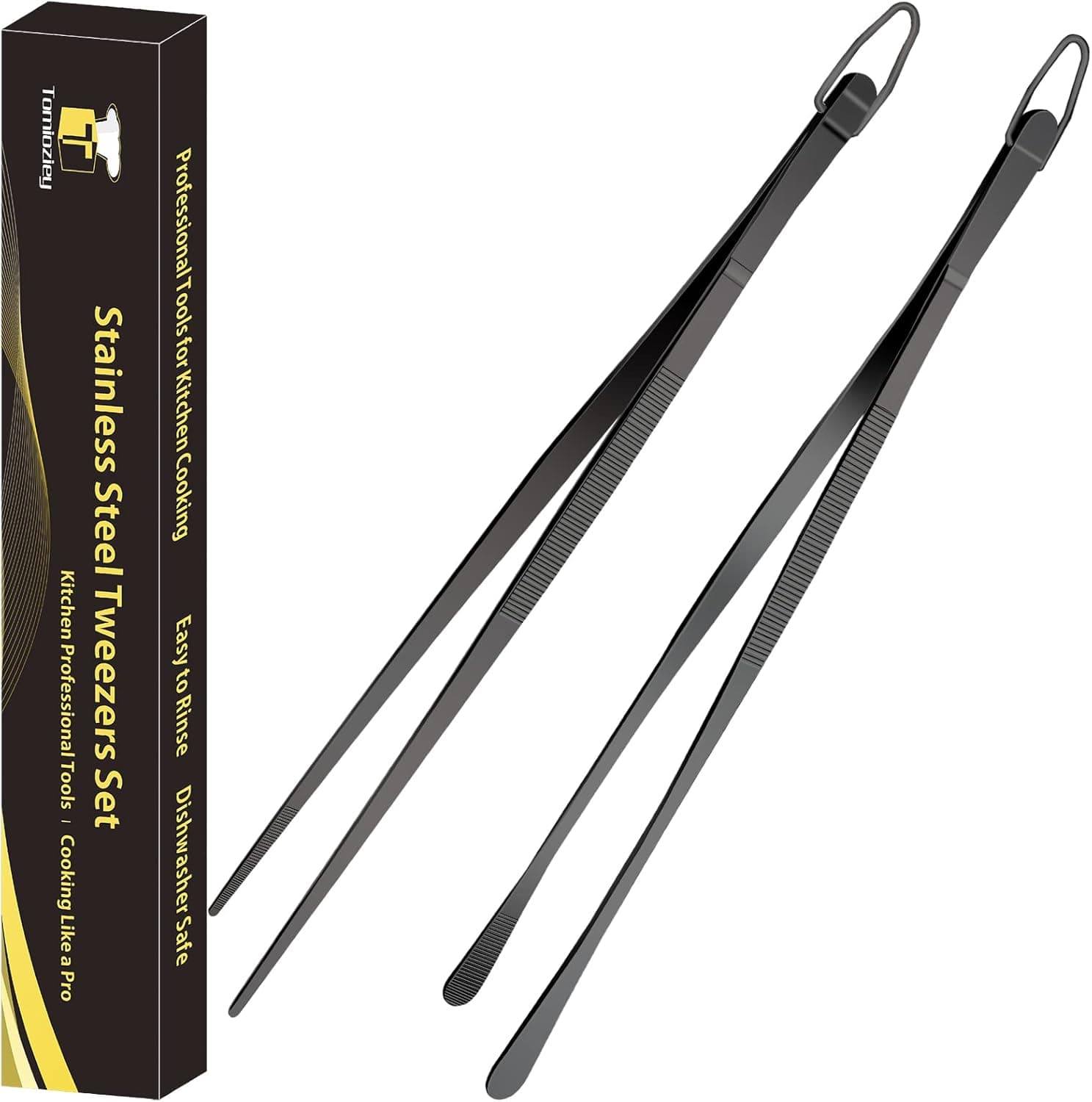 2 Pcs 12-Inch Fine Cooking Tweezers Tongs, Stainless Steel food Tweezers,Professional Black Kitchen Long Tweezer for Cooking Repairing, Sea food and BBQ