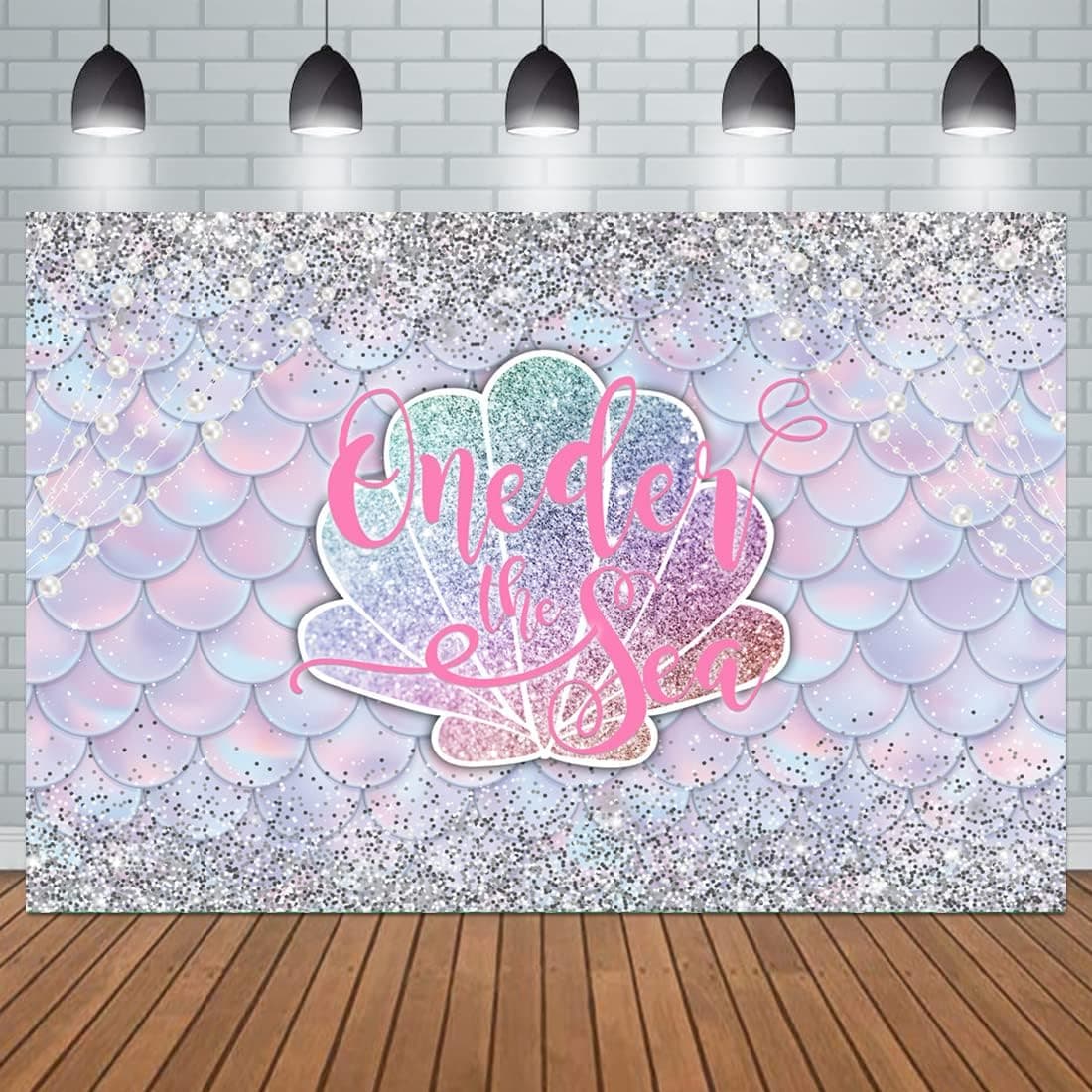 Oneder The Sea Girl 1st Birthday Backdrop Pink Fish Abstract Scales Sliver Spots White Pearls Party Decorations Photography Background Princess Themed Banner 7x5ft