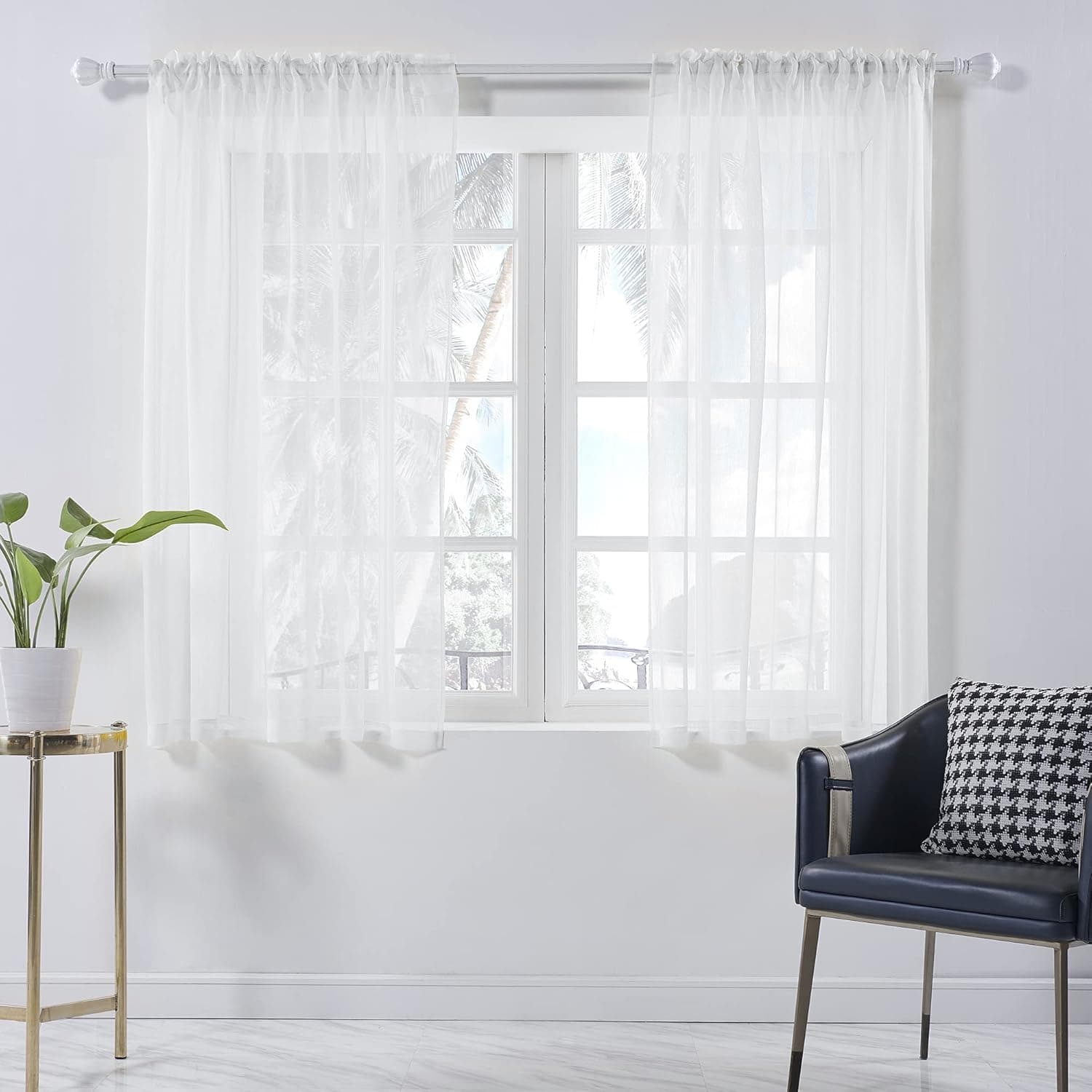 White Sheer Curtains 63 Inches Long for Kitchen Bathroom Rod Pocket Semi Sheer White Curtains Drapes for Bedroom Living Room Faux Linen Sheer Draperies Light Filttering Curtains 2 Pack 42Wx63L