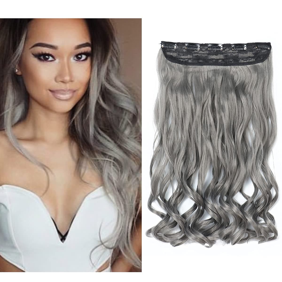 22" 1-Pack 3/4 Full Head Curly Wave Clips in on Synthetic Hair Extensions Hairpieces for Women 5 Clips Silver Grey #171