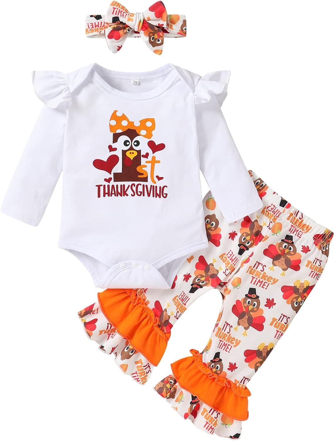 Thanksgiving Baby Girl Outfit My 1st Thanksgiving Romper+Turkey Flared Pants+Headband 3Pcs Clothes Set