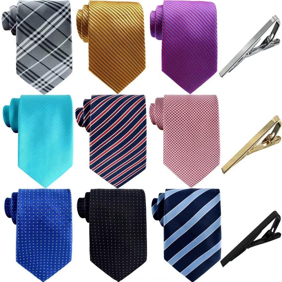 Jeatonge Lot 9pcs Mens Ties and 3pcs Tie Clips, Men's Classic Tie Necktie Woven Jacquard Neck Ties (9-14)