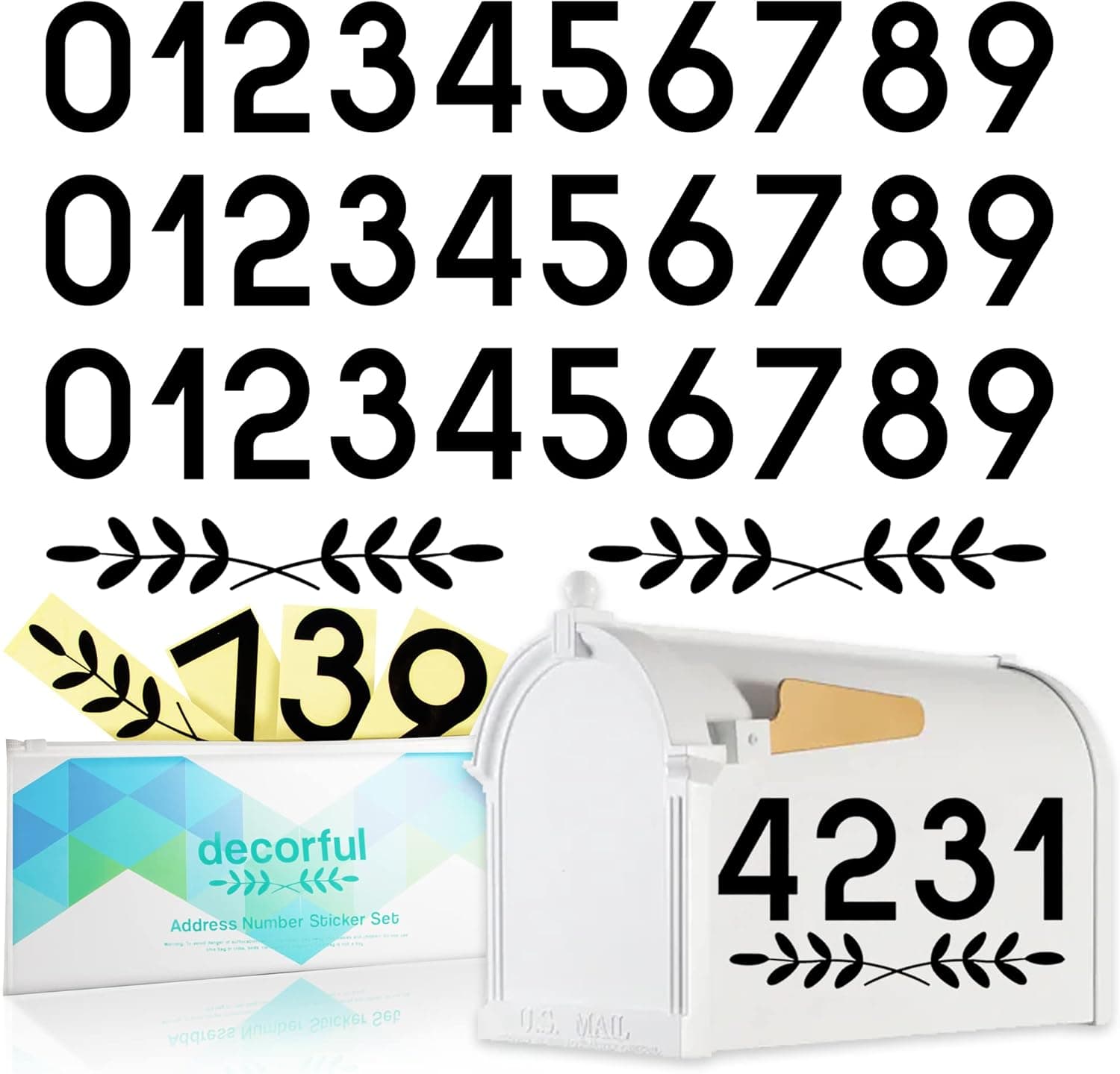 Decorful Mailbox Numbers House Address Number Stickers - Reflective Rainproof Weather Resistant Self Adhesive Laser Cut - 3 Sets of Numbers 2 Floral Leaf Dividers - Small to Large Sizes - Gold Silver Black - Address Sign for Outside or Inside (4 Inch, Black)