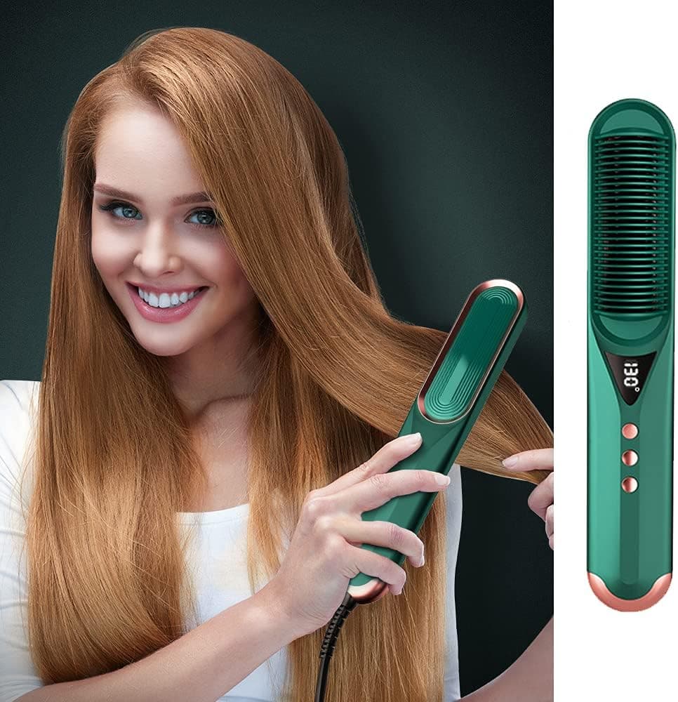 3 in 1 Ceramic Hair Straightener Brush Quick Heating Straightening Brush Electric Hot Comb Curling Brush Iron Negative 7 Temp Level PTC Temperature Lock Anti-Scald Auto-Off Safe Easy to Use