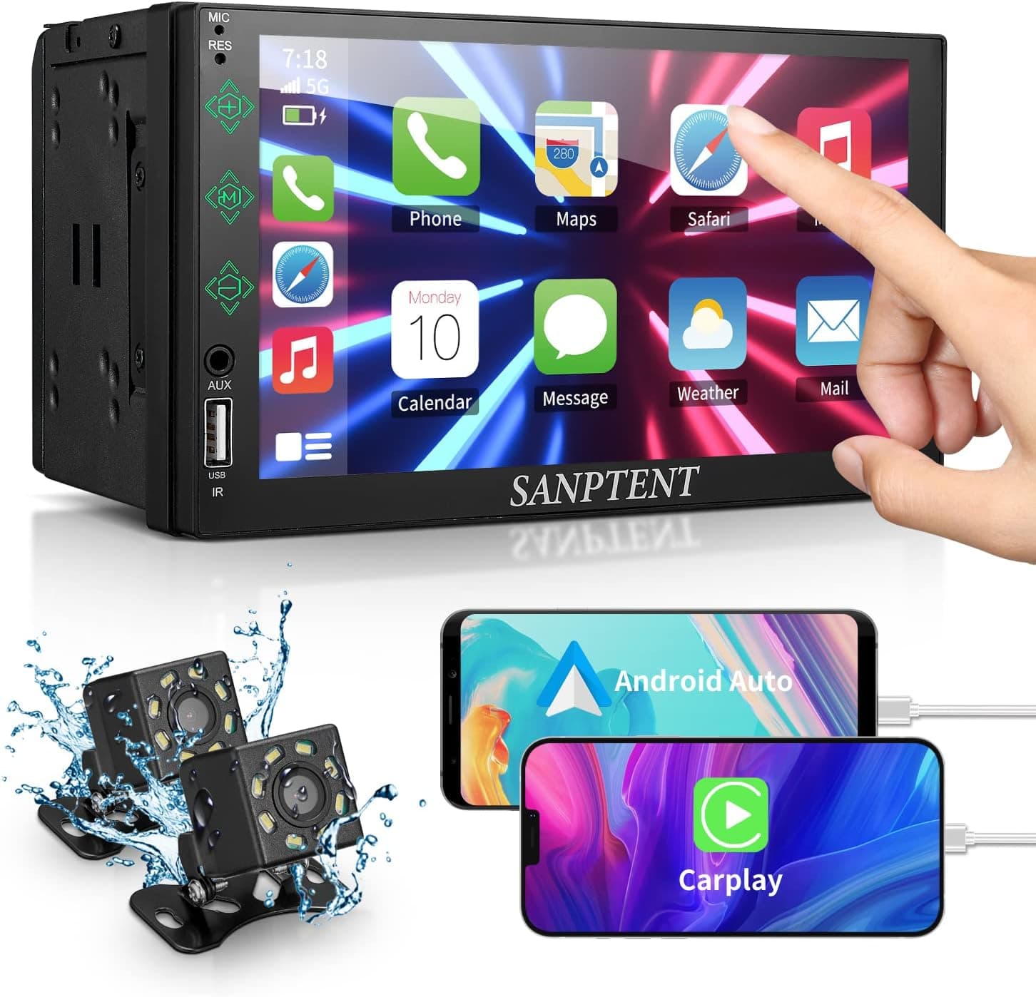 SANPTENT Double Din Car Stereo Compatible with Carplay and Android Auto, 7-Inch Full Touch HD Capacitive Screen, Mirror Link, Bluetooth, Front and Backup Cameras, Subwoofer, USB Port, AM/FM Car Radio