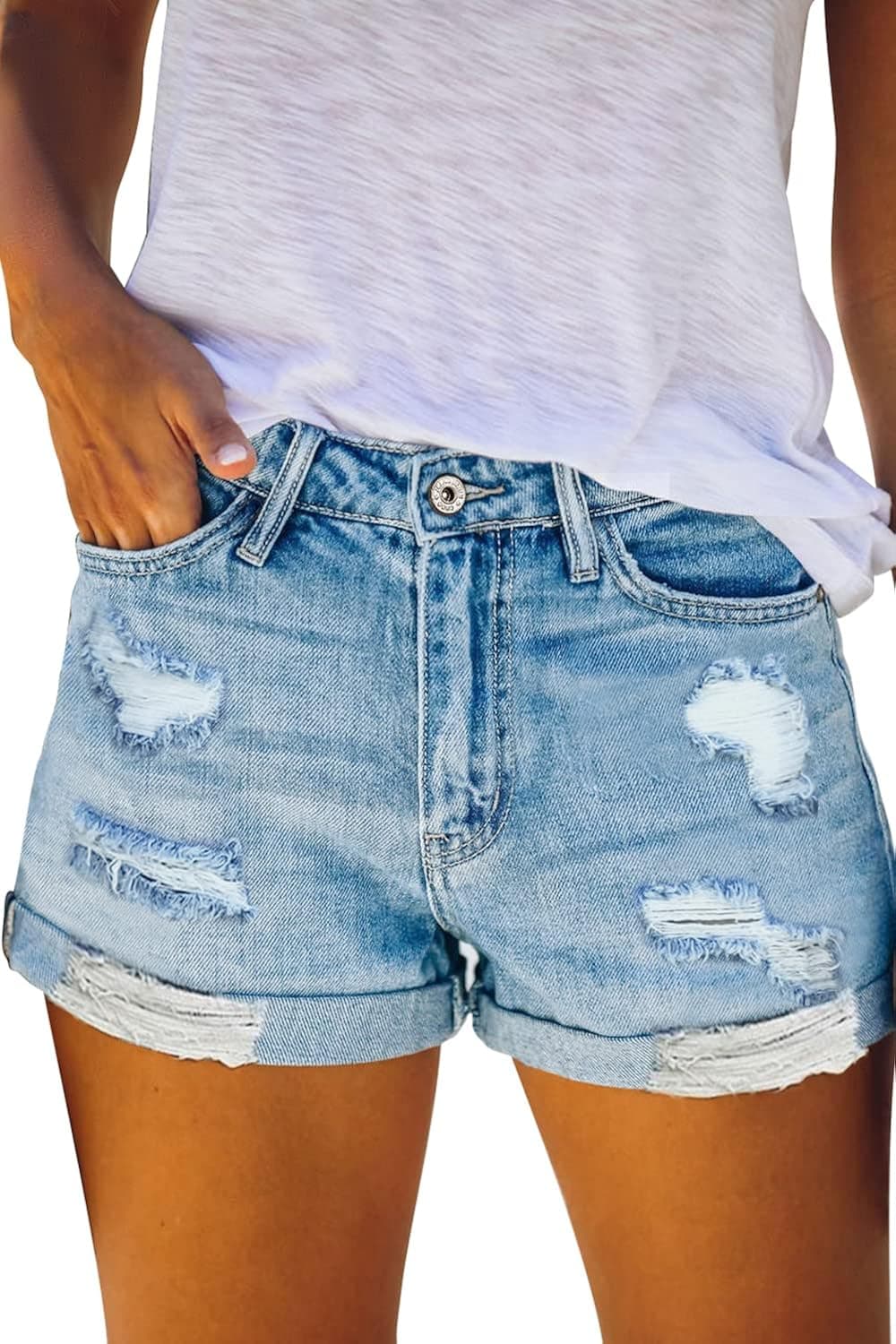 TOLOVIC Blue Jean Shorts Women's High Waisted Ripped Stretchy Denim Shorts