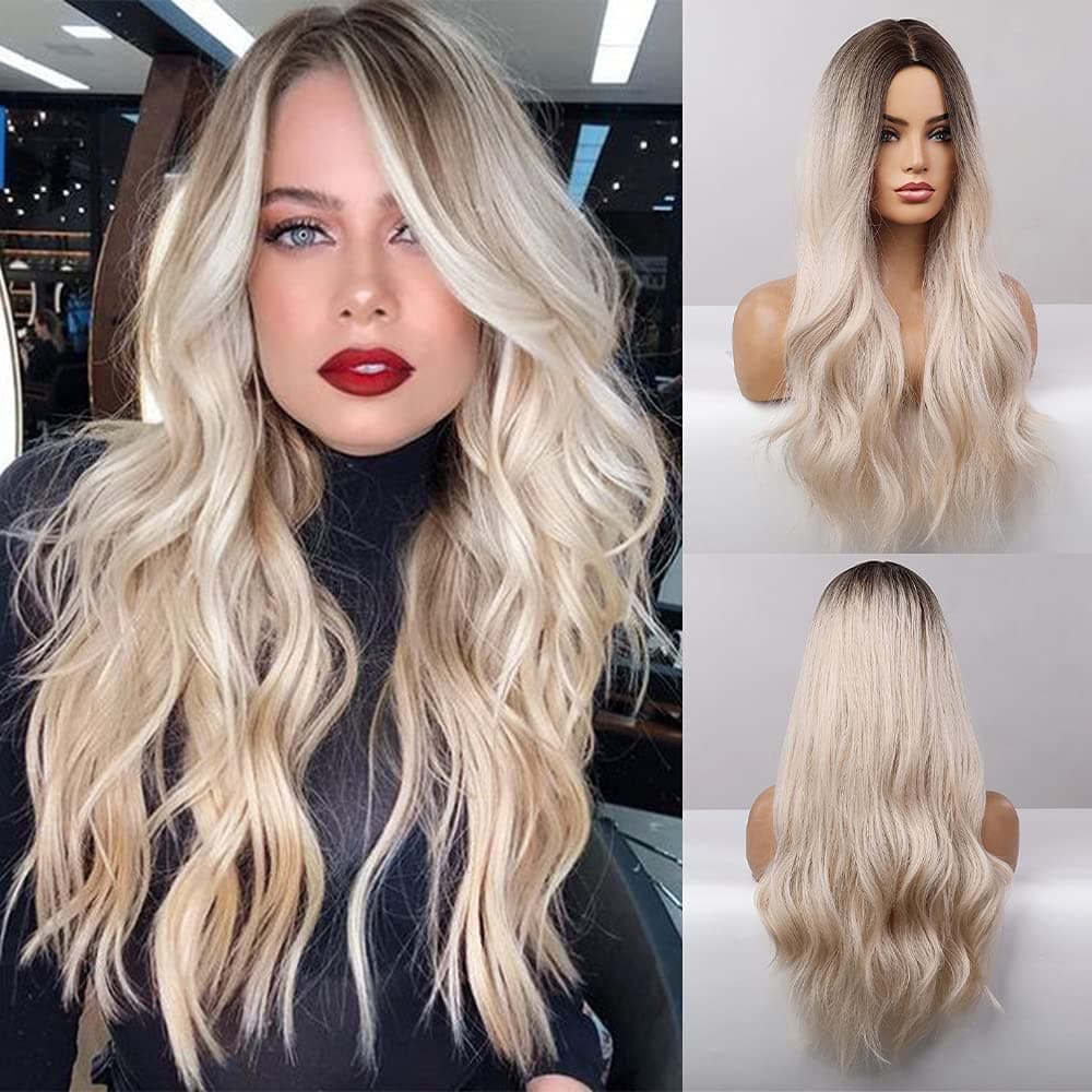 XCZEMU Long Wavy Brown Gradient Gold Synthetic Wigs Middle Part for Women Cosplay Natural Looking Silk Fully Heat Resistant Synthetic Wig for Daily Party Use 26 Inch