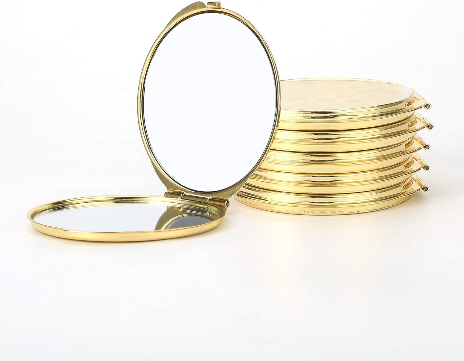 Dynippy Compact Mirror Bulk Round Makeup Metal Pocket Mirror for Purses Portable Hand Mirror Double-Sided with 2 x 1x Magnification (5 Pack Gold)