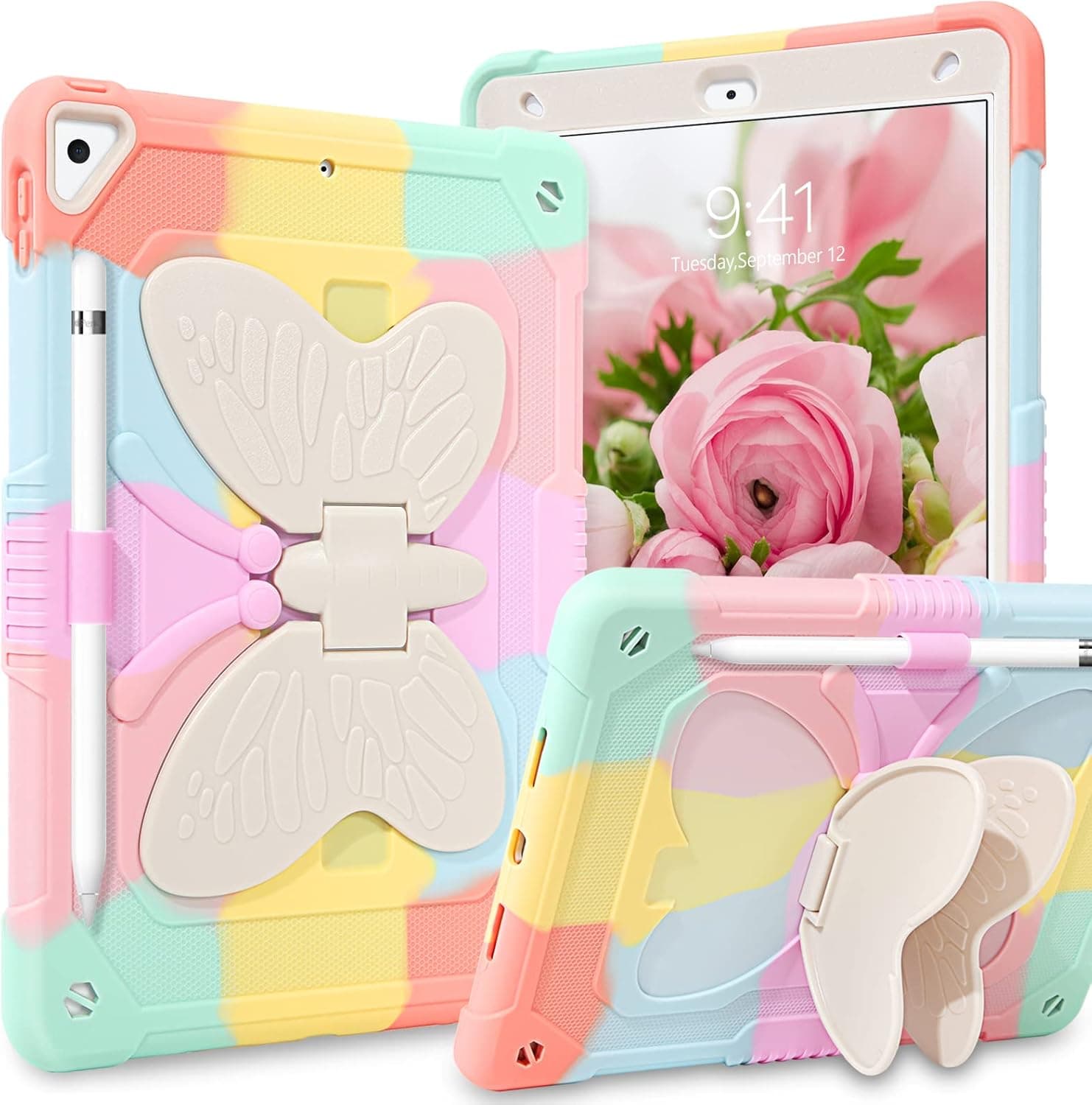 YINLAI iPad 10.2 Inch Case,iPad 9th 8th 7th Generation Case,iPad air 3 Case Kids Girls Women Butterfly Kickstand Shockproof Protective Cover with Pencil Holder for iPad 9th 8th/Air 3rd, Colorful Pink