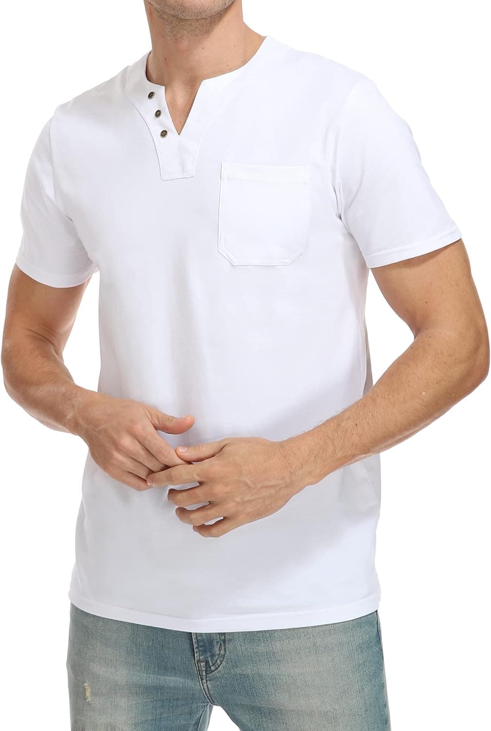 Mens Casual Summer V Neck Henley T-Shirts Short Sleeve Pocket Plain Tee Shirts Tops