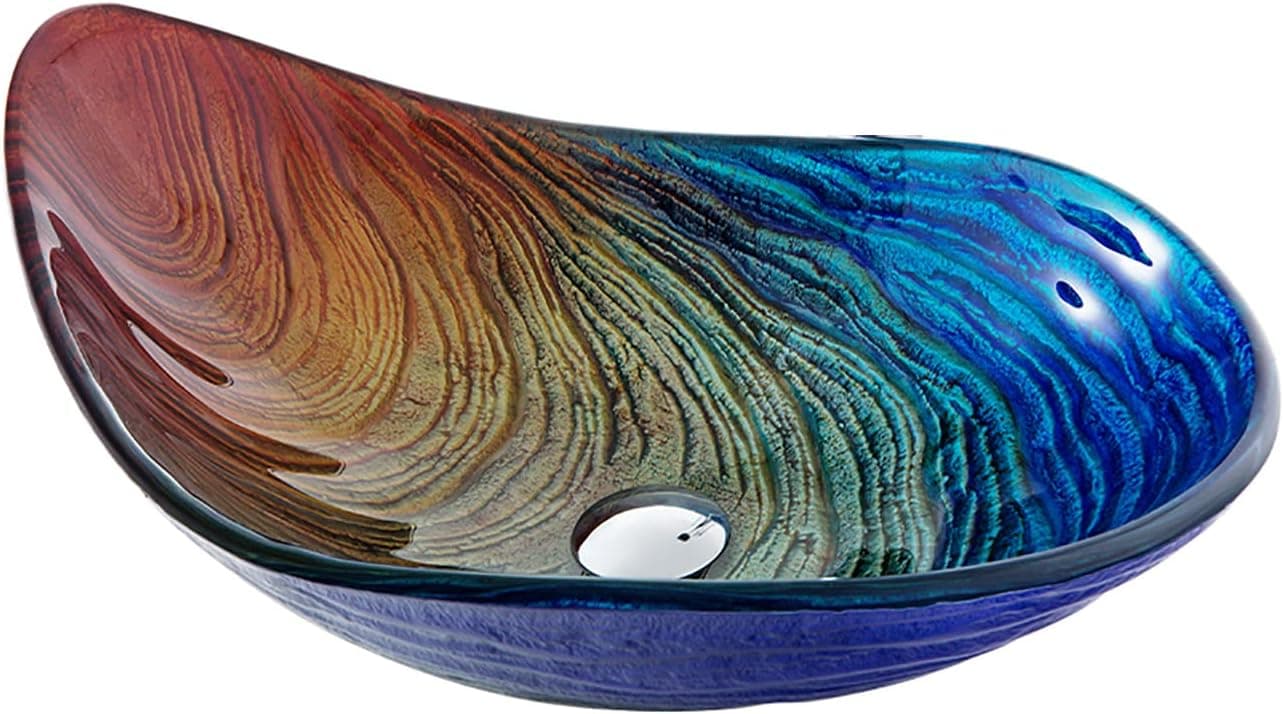 Bathroom Vessel Sink Tempered Glass Vessel Sink Water Drop Rainbow Artistic Vessel Sink Vanity Counter Top Installation Bathroom Vanity Sinks with Pop-up Drain, Single Vessel Sink