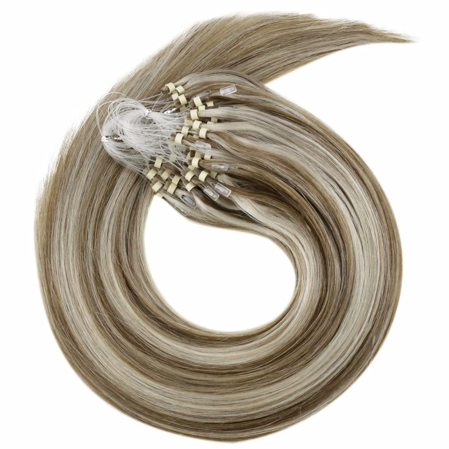 LaaVoo 20inch Micro Loop Hair Extensions Loop Tipped Remy Human Hair Extensions Cold Fusion Light Brown with Platinum Blonde Silicone Micro Beads Stick Tip Hair Extensions 50g/50s#P8/60