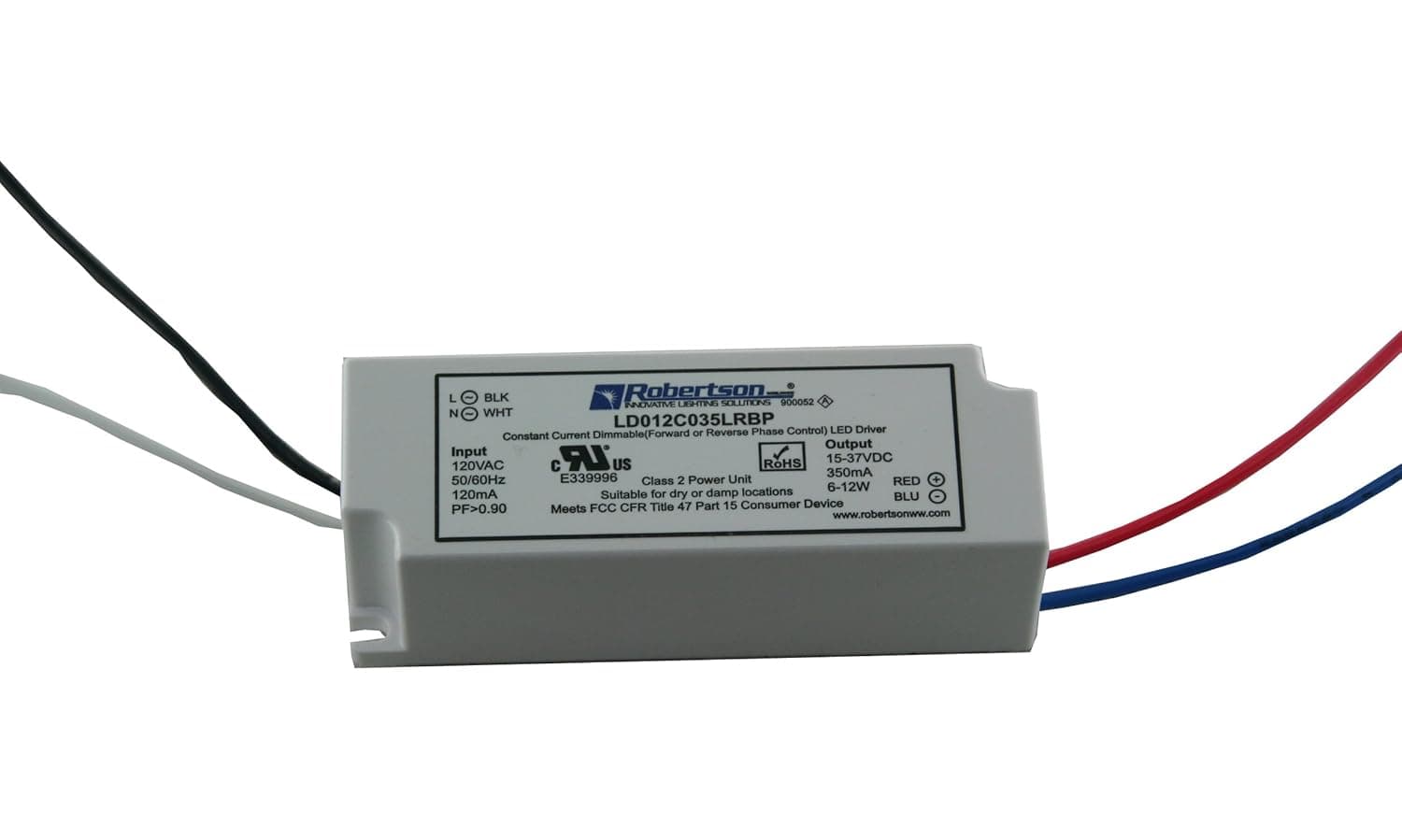 Robertson 3P30043 LD012C035LRBP LED Driver, 12 Watt, 120Vac Input, 350 mA Constant Current, 10-32Vdc Output, High Power Factor, Forward Phase Dimmable 100% - 5%,