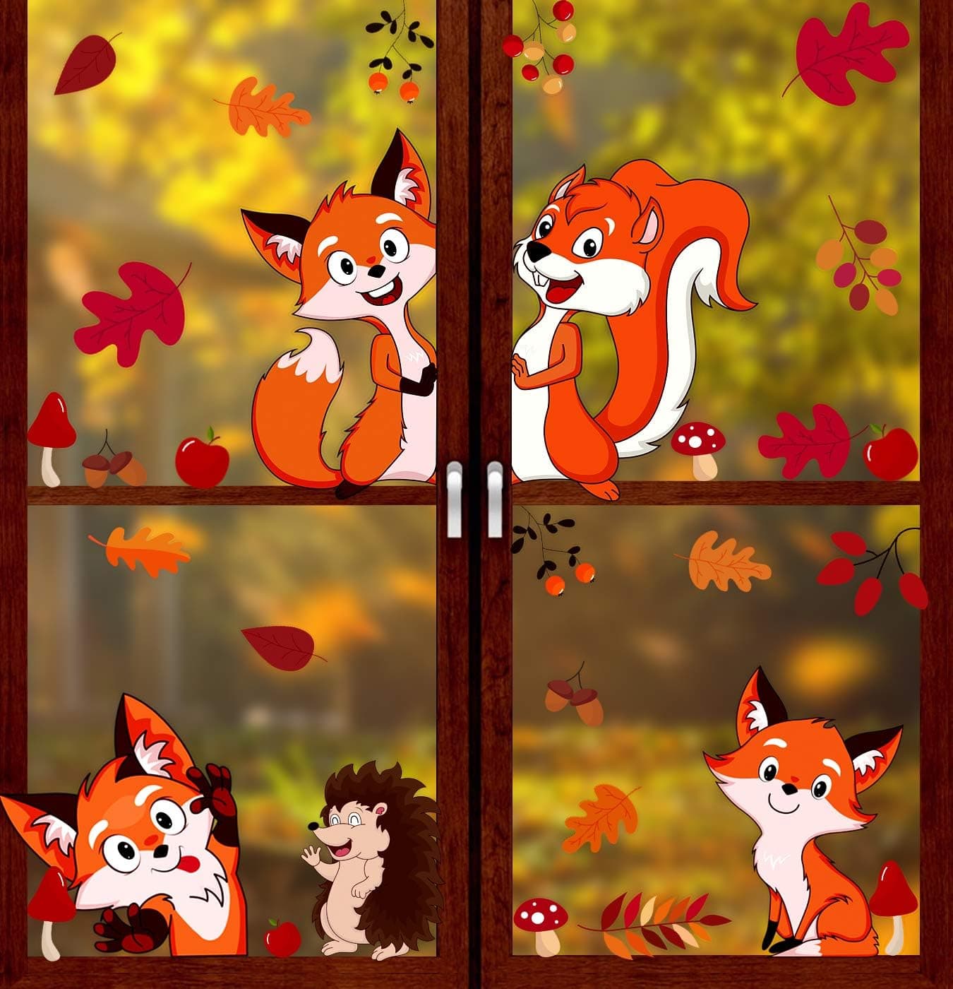 VEYLIN 6Sheet 150Pcs Thanksgiving Window Clings, Cute Cartoon Fall Animal Window Stickers for Seasonal Decorations