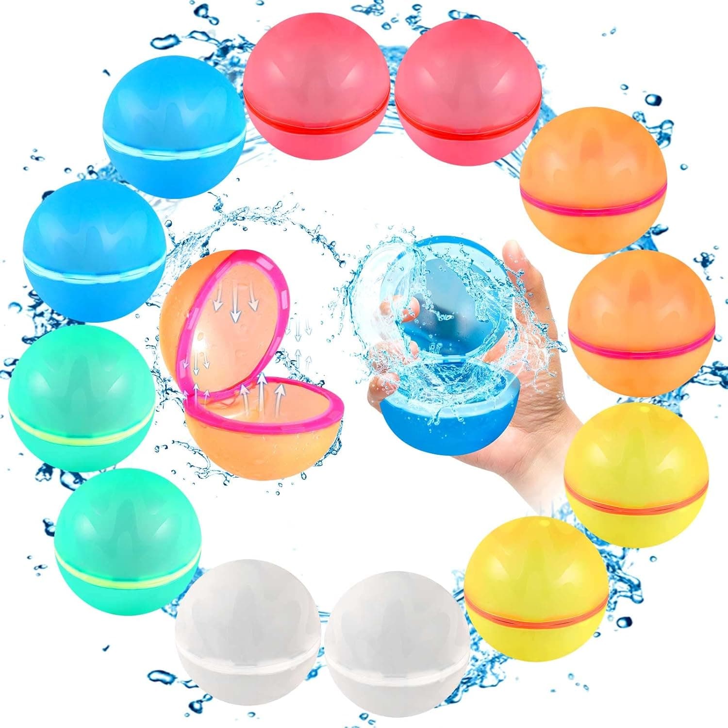 SOPPYCID Reusable Magnetic Water Balloons, 12 Pack Refillable Water Bomb Splash Balls Self Sealing Quick Fill, Latex-Free Silicone Water Toys for Kids Adults Water Games Outside Summer Fun Party
