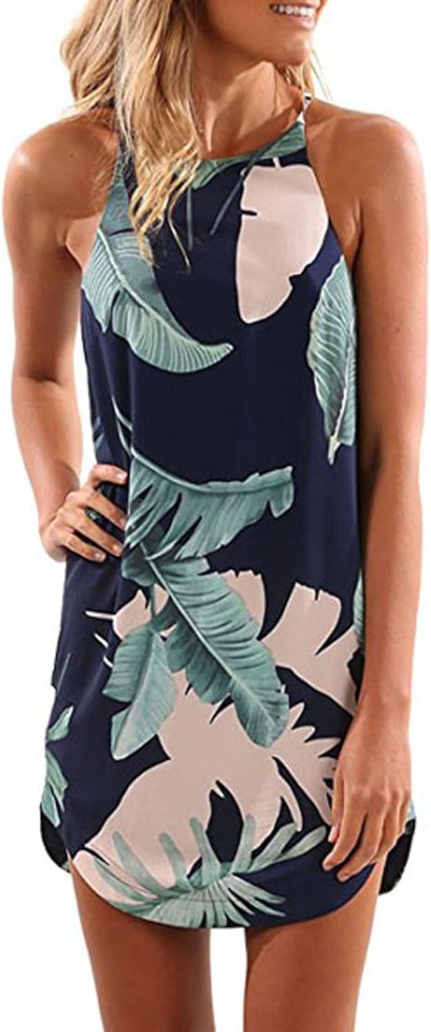 Aleumdr Womens Halter Palm Tree Leaf Printed Sleeveless High Waist High Low Summer Loose Beach Dress Blue X-Large 16 18