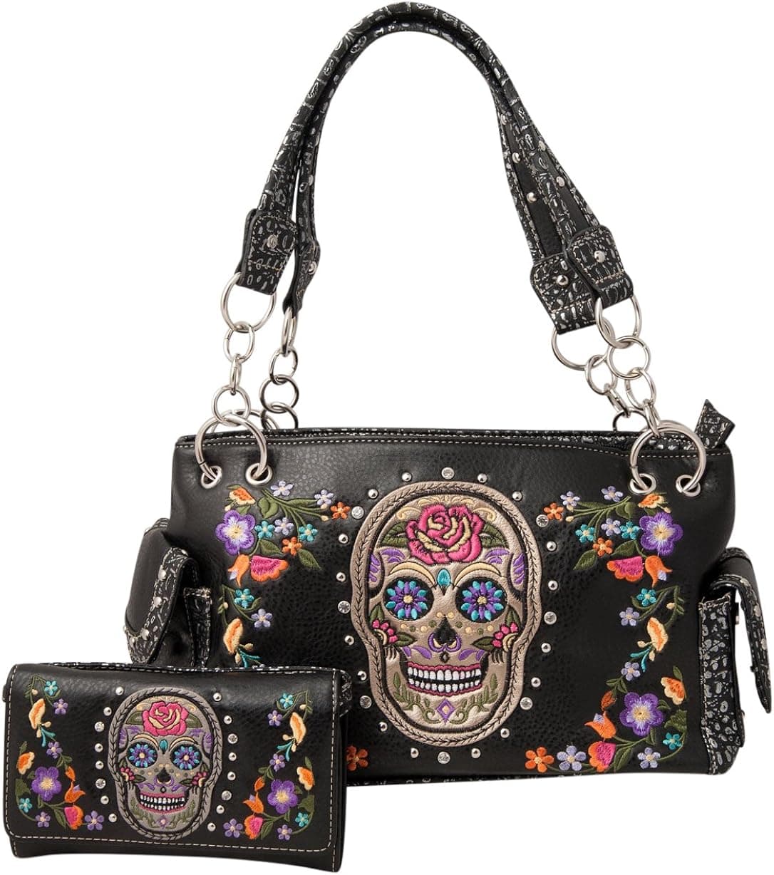 HW Collection Western Sugar Skull Roses Flowers Concealed Carry Handbag Purse and Crossbody Wallet