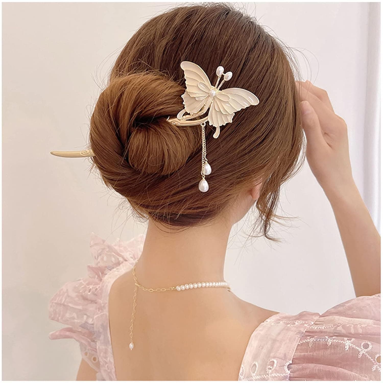 Chinese Metal Butterfly Pearl Hair Chopsticks Hair Clip Chignon Pin Hair Decor Hairpin Hair Stick for Women and Girls White-Butterfly