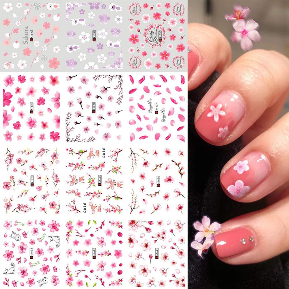 Flowers Nail Water Stickers Decals Pink Cherry Blossoms Tree with Leaves Nail Art Sliders Summer for Nail Art Decoration Watermark Flower Designs Transfer Foil Nail Stickers Manicure Tips Decor 12PCS