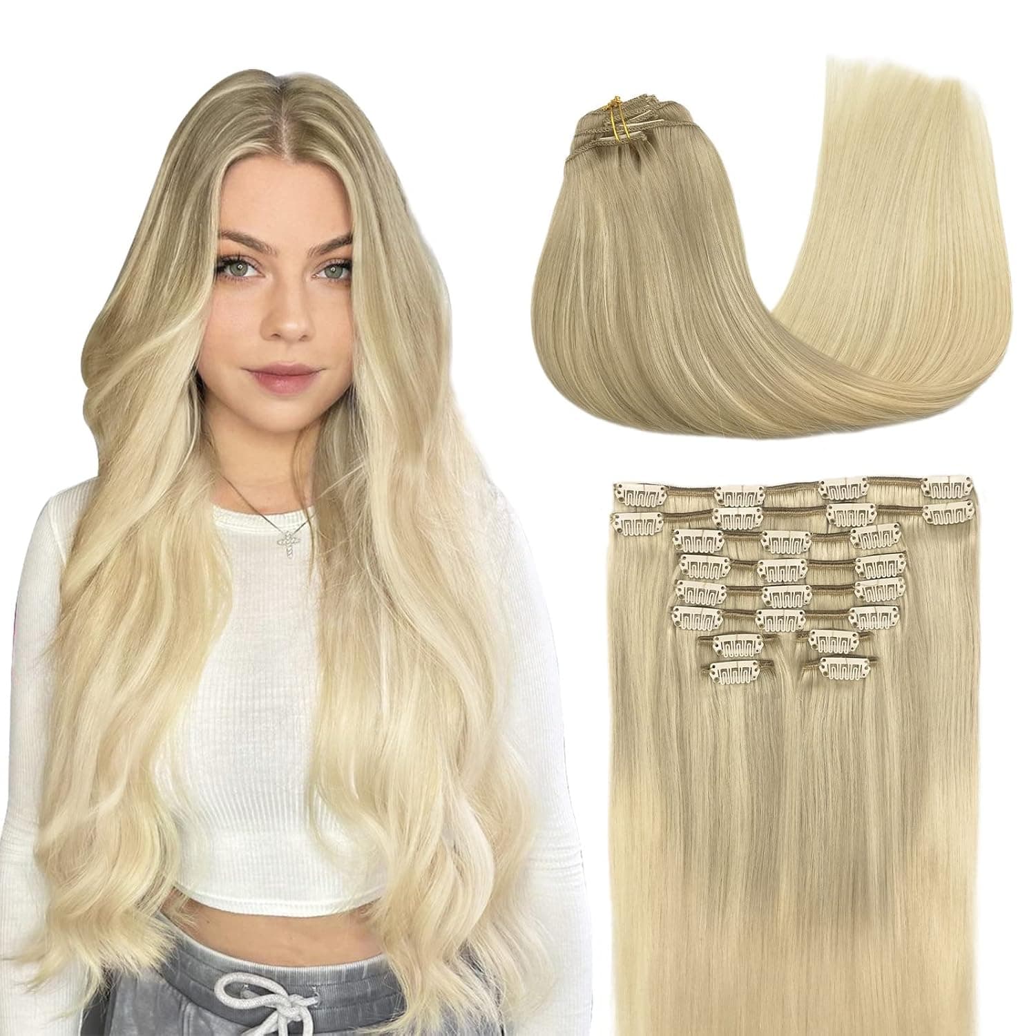 Human Hair Extensions Clip in, 10pcs 160g Balayage Ash Blonde to Golden Blonde and Platinum Blonde 20 Inch, MAXITA Clip in Hair Extensions Real Human Hair Natural Hair Extensions Straight