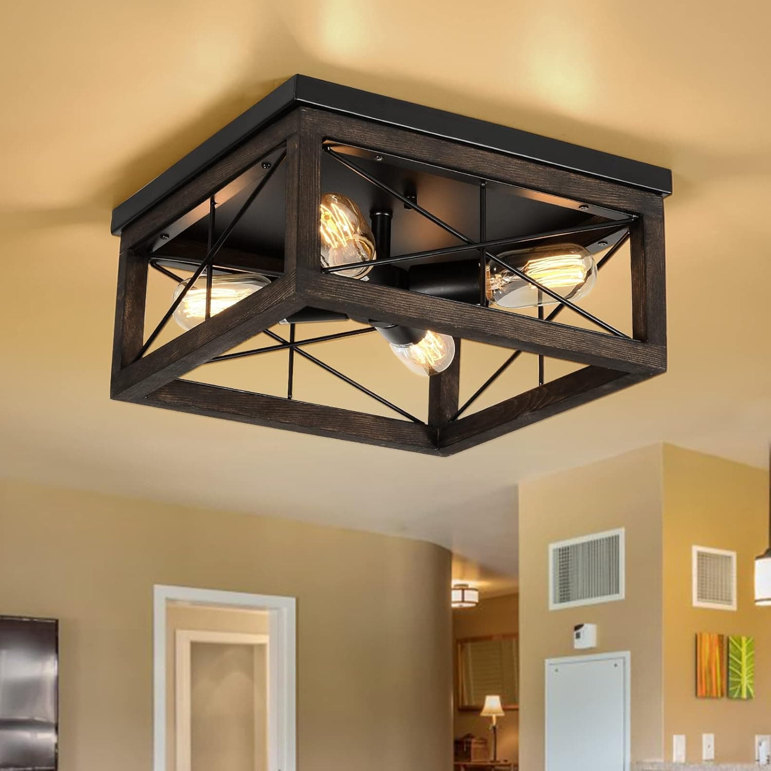 eyassi 4-Light Wooden Flush Mount Ceiling Lights, Vintage Farmhouse Close to Ceiling Light Fixture, Rustic Industrial Farmhouse Ceiling Light for Kitchen Living Room Bedroom Hallway Laundry Entryway