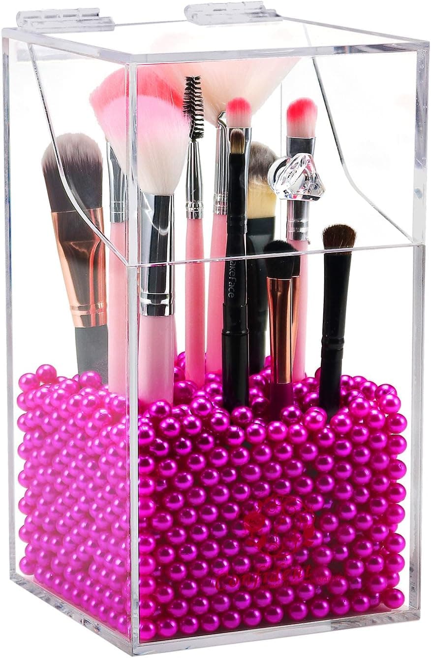 Clear Cosmetic Brush Organizer,Acrylic Brush Holder with Lid,Dust-proof Makeup Brush Holder with Free Rosy Pearls for Vanity Counter-top - NEWCREA