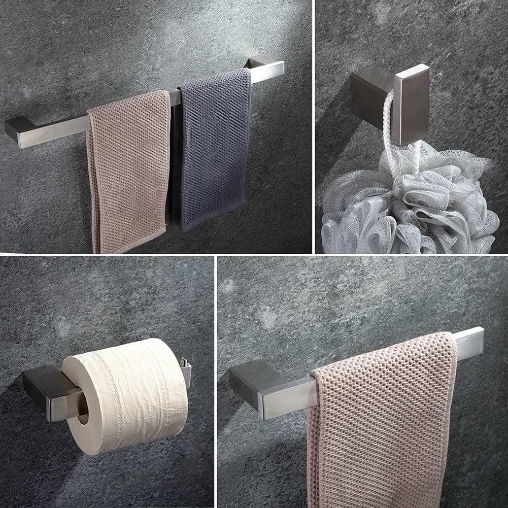 Stainless Steel Bathroom Wall Mount Set (Pack Of 4) - Stylish Brushed Nickel Hardware, Toilet Paper Roll Holder, Double Bath Towel Bar, Hand Towel Rack Hanger And Robe Hook - Rustproof,Easy To Install