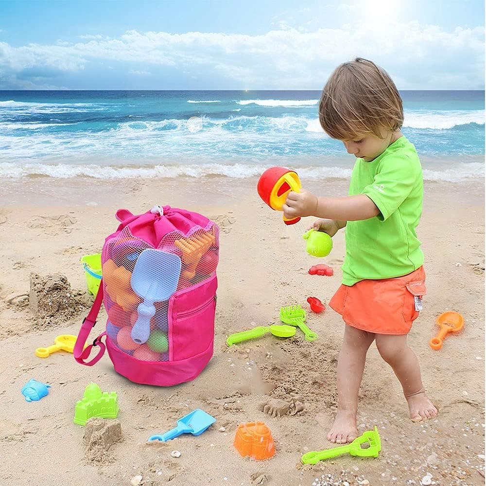 Beach Bag, Mesh BackPacks, Foldable and Portable Backpack w/Drawstring, for Swim Shells/Beach Toys (Toys Not Included) (Pink, 9.4 inch Diameterx18.8 inch Tall)