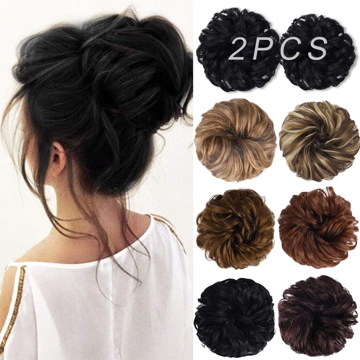 HOOJIH Messy Bun Hair Piece, 2PCS Tousled Updo Hair Extensions Hair Bun Curly Wavy Ponytail Hairpieces Hair Scrunchies with Elastic Rubber Band for Women Girls Color Dark Black 1