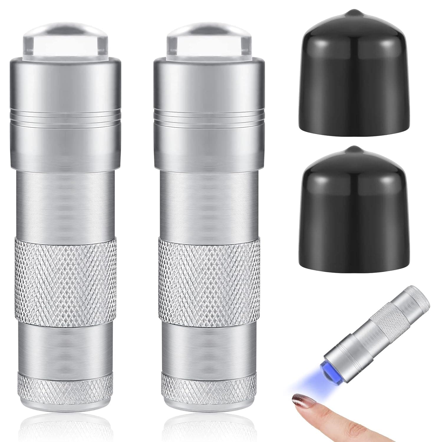 2 Pieces Mini UV Light Nail Dryer UV Lamp for Gel Nails Portable LED Nail Dryer with Clear Jelly Silicone Mini UV LED Flashlight Nail Tool Handheld Nail Lamp French Nail Art Kit (Silver)