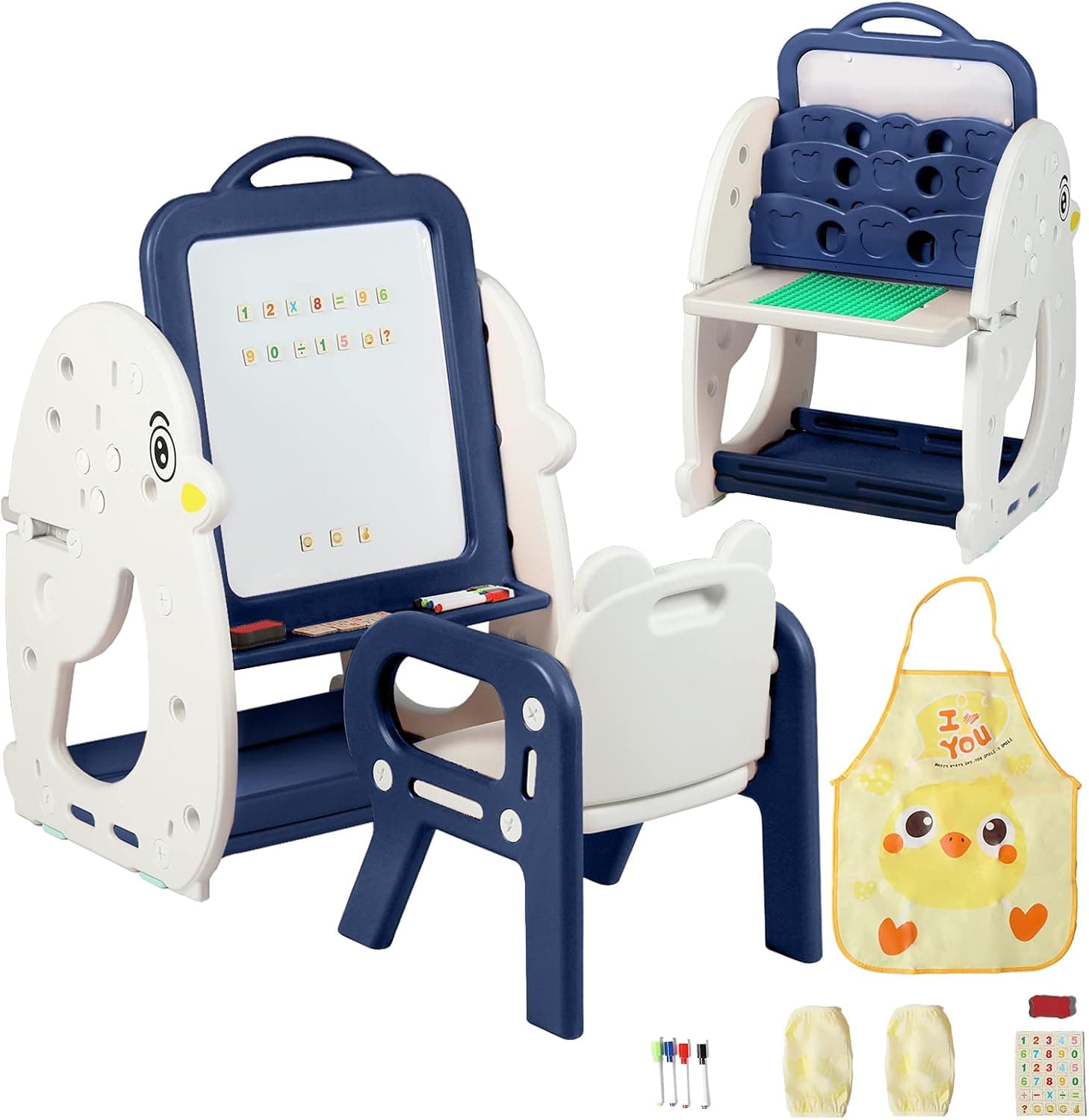 Kinder King 4 in 1 Kids Art Easel w/Chair, Magnetic Whiteboard & Book Rack, Double Sided Desktop w/Toddler Activity Table, Storage Basket, Numbers & Emoticon Magnets, Kids Apron & Sleeves, Blue