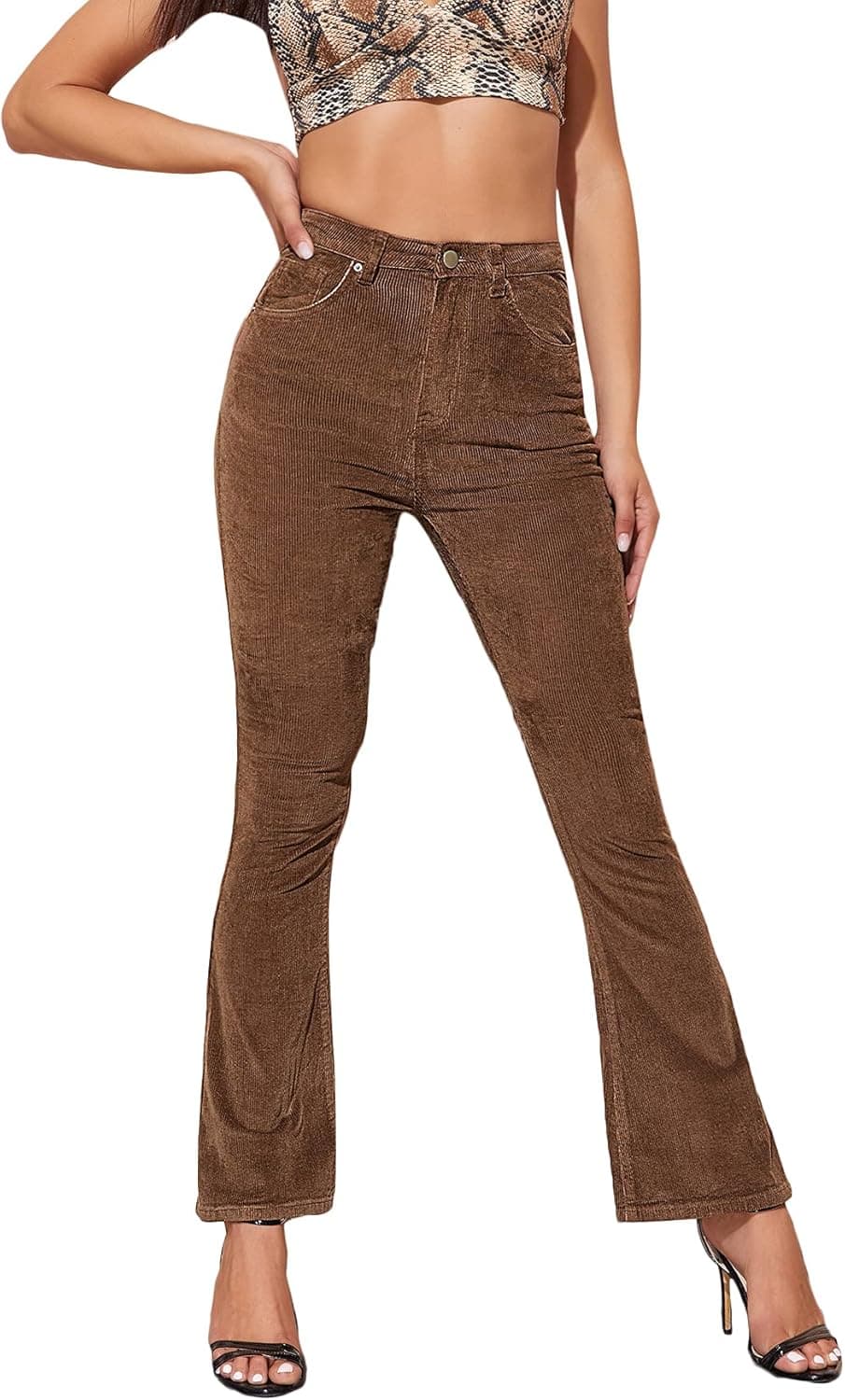 MakeMeChic Women's Casual High Waist Flare Leg Corduroy Pants