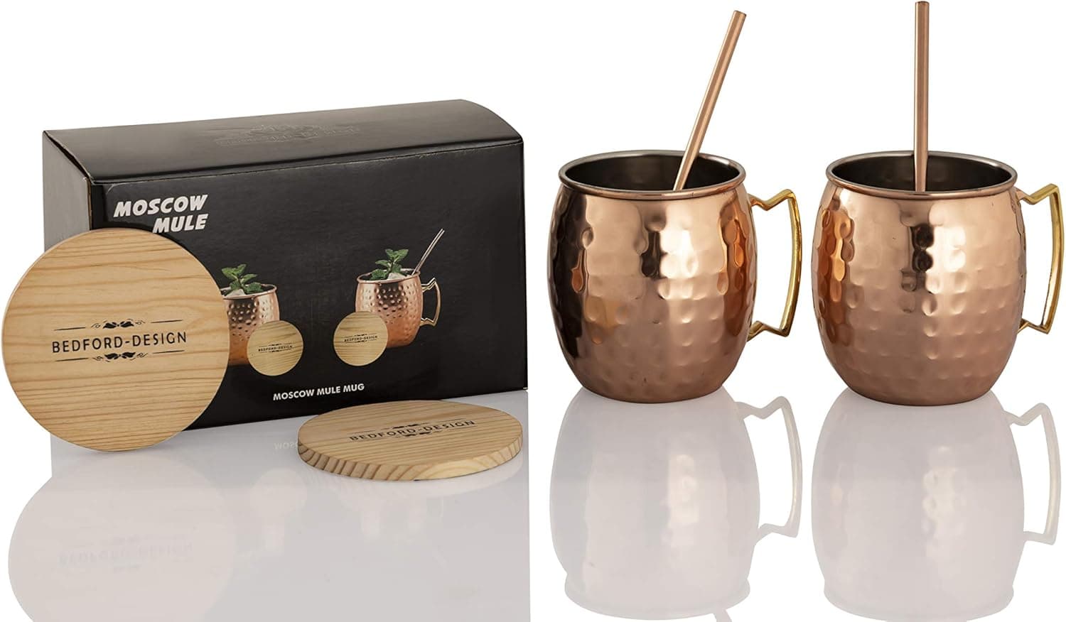 BEDFORD-DESIGN Moscow Mule Copper Mugs, Copper Mugs, Mug with Brass Handle & Stainless-Steel Lining, with Copper Straws and Coasters (Hammered) - 16 oz