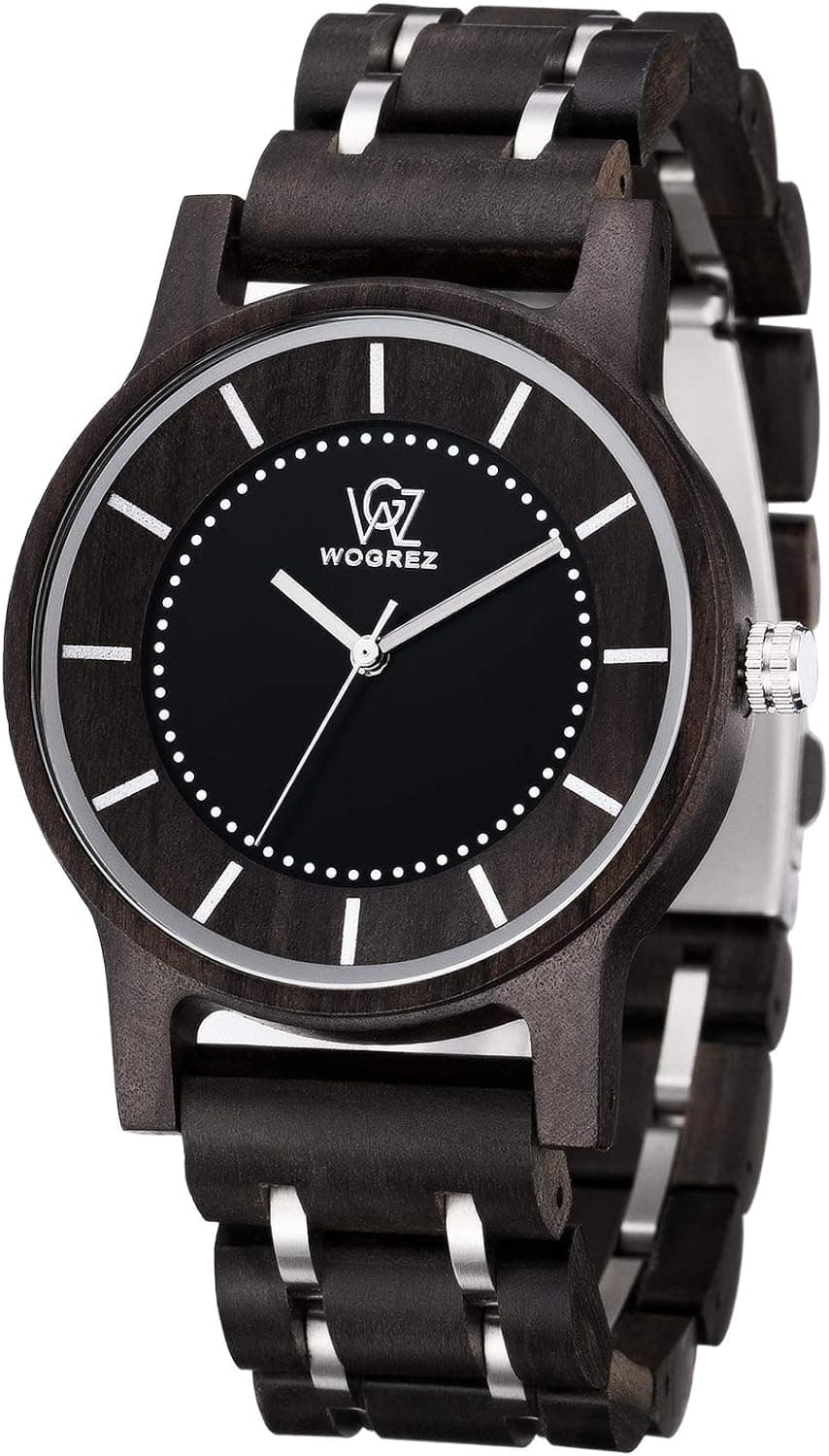 WOGREZ Wooden Watch Mens Stylish Natural Wood & Stainless Steel Combined Quartz Movement Wood Wrist Watches for Men Fashion Gift-Black Sandalwood