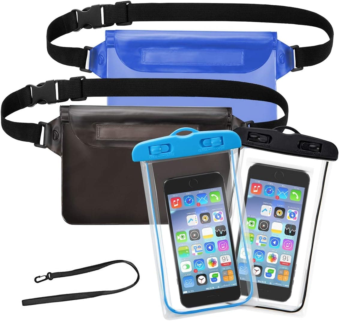 Waterproof Pouch with Waist Strap (2 Pack) and (2 Pack) IPX8 Universal Phone Pouch，Best Way to Keep Your Phone and Valuables Safe and Dry，Perfect for Boating Swimming Beach Pool Water Parks