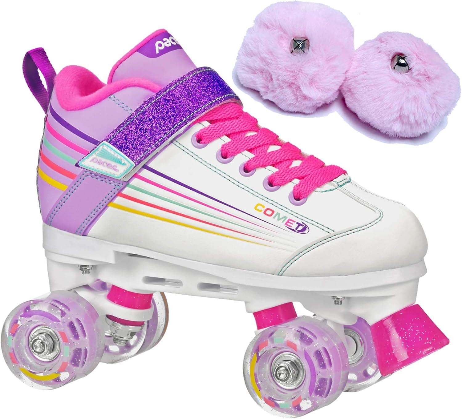 Pacer Comet Kids Light Up Roller Skates Bundle (2 Items) with Baby Pink Poms