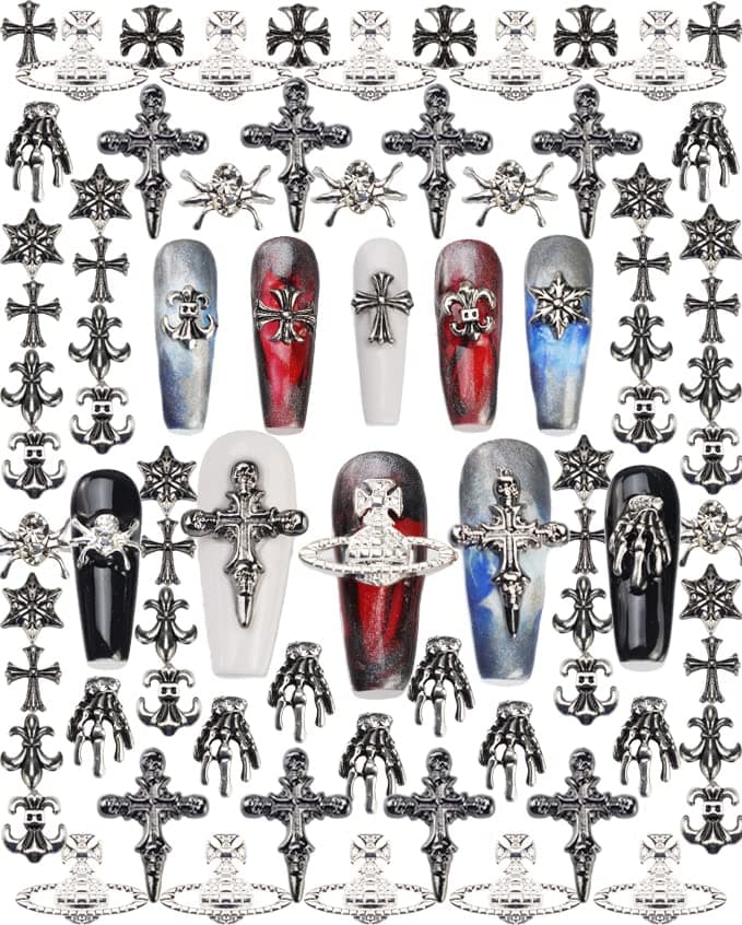 86 PCS Nail Art Punk Retro Rock Heart Style Nail Drill Nail Kit Skull Paw Cross Ship Anchor Pirate Ship Anchor Silver Planet Spider