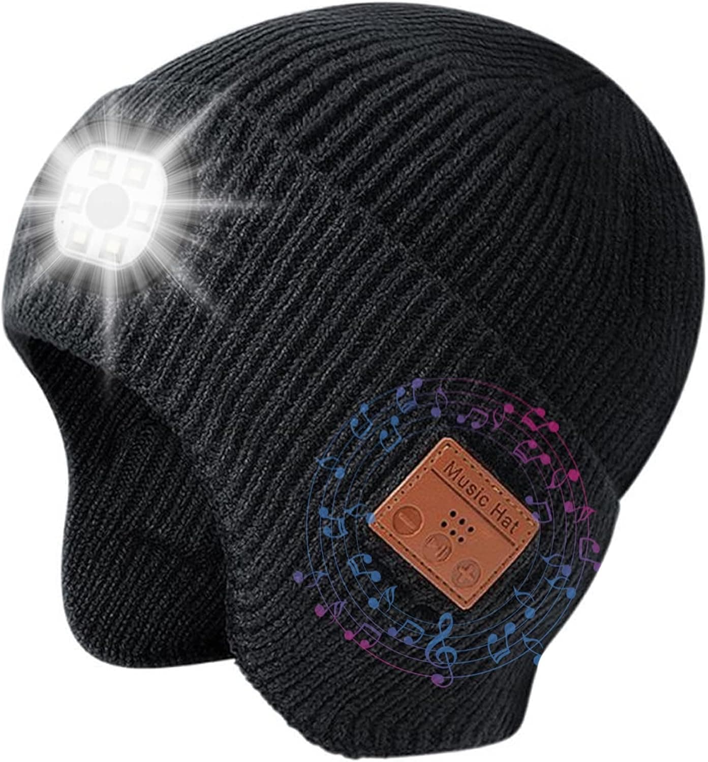 Bluetooth Beanie Hat with LED Light & Headphones, Built-in Microphone & Stereo Speakers 2022 Upgraded Rechargeable Music Knitted Hat, Unique Christmas Birthday Gifts for Men Women Black
