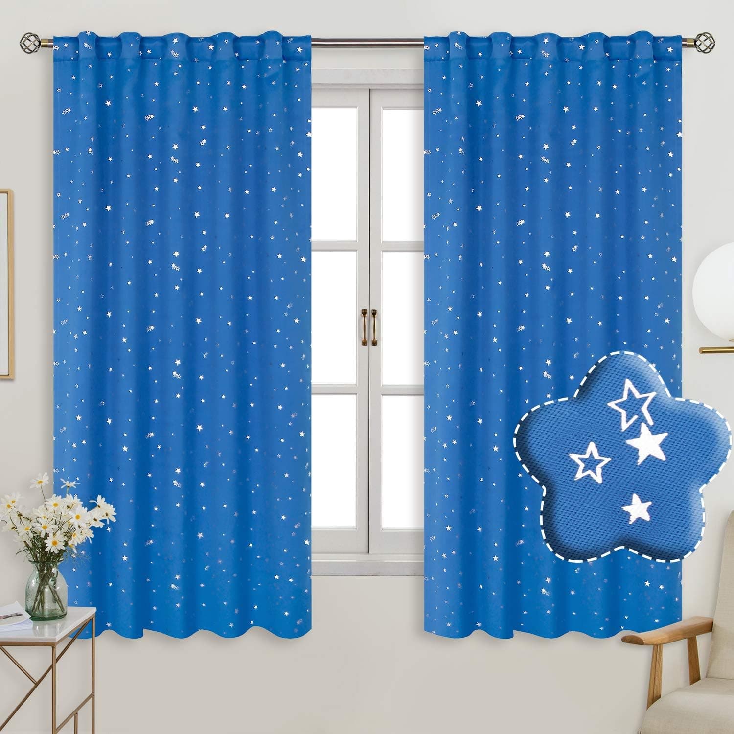 BGment Rod Pocket and Back Tab Blackout Curtains for Kids Bedroom - Sparkly Star Printed Thermal Insulated Room Darkening Curtain for Nursery, 42 x 63 Inch, 2 Panels, Blue