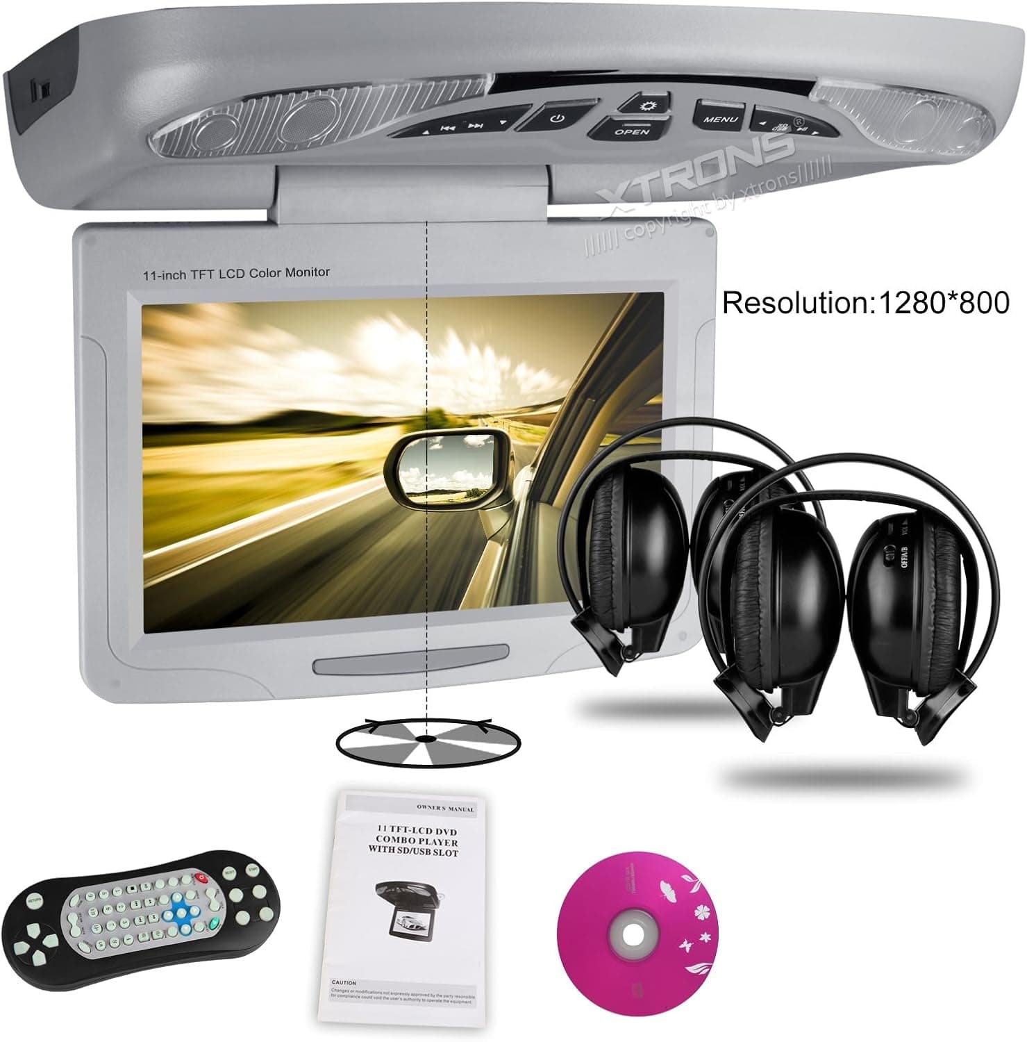XTRONS® Grey 11" Overhead Car DVD Player Roof Flip Down with Swivel HD Widescreen USB FM Game Disc IR Headsets