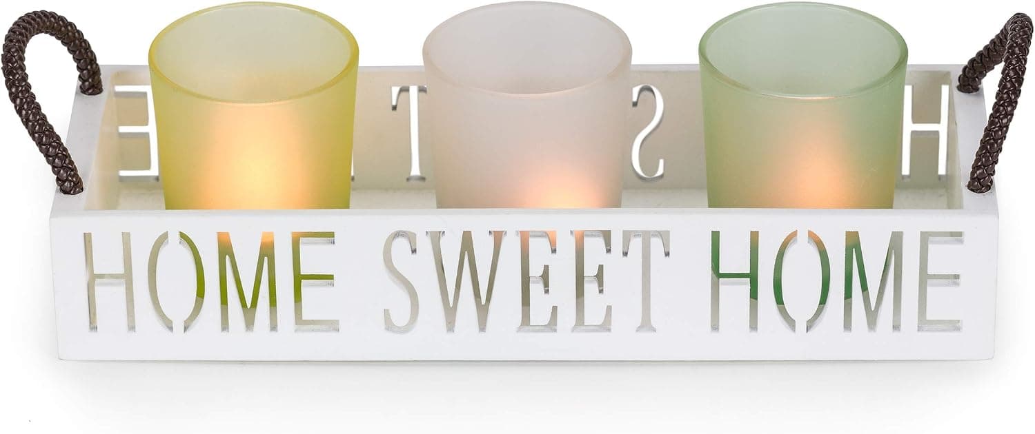 Dawhud Direct Votive Candle Holder, Vintage Decor Flameless Natural Candlescape Set, 3 LED Tea Light Candles, Rocks and Tray (Home Sweet Home) Bath Decor Decorative Candles Zen Room Decor Gift