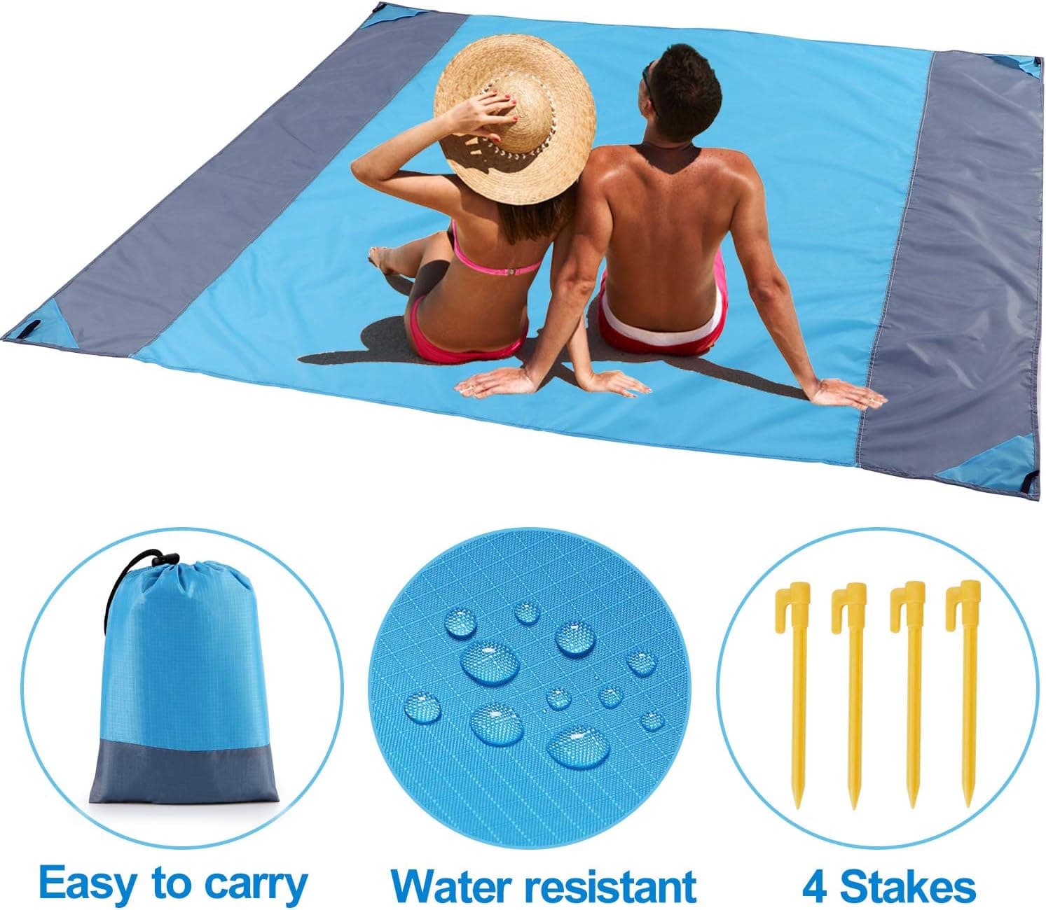 Sandfree Beach Blanket, Waterproof Blanket Mat Sand Proof Rug Picnic Blanket - Fast Dry, Easy to Clean Perfect Ultra Portable for Beach, Picnic, Camping, Outdoor Events 79"x79"