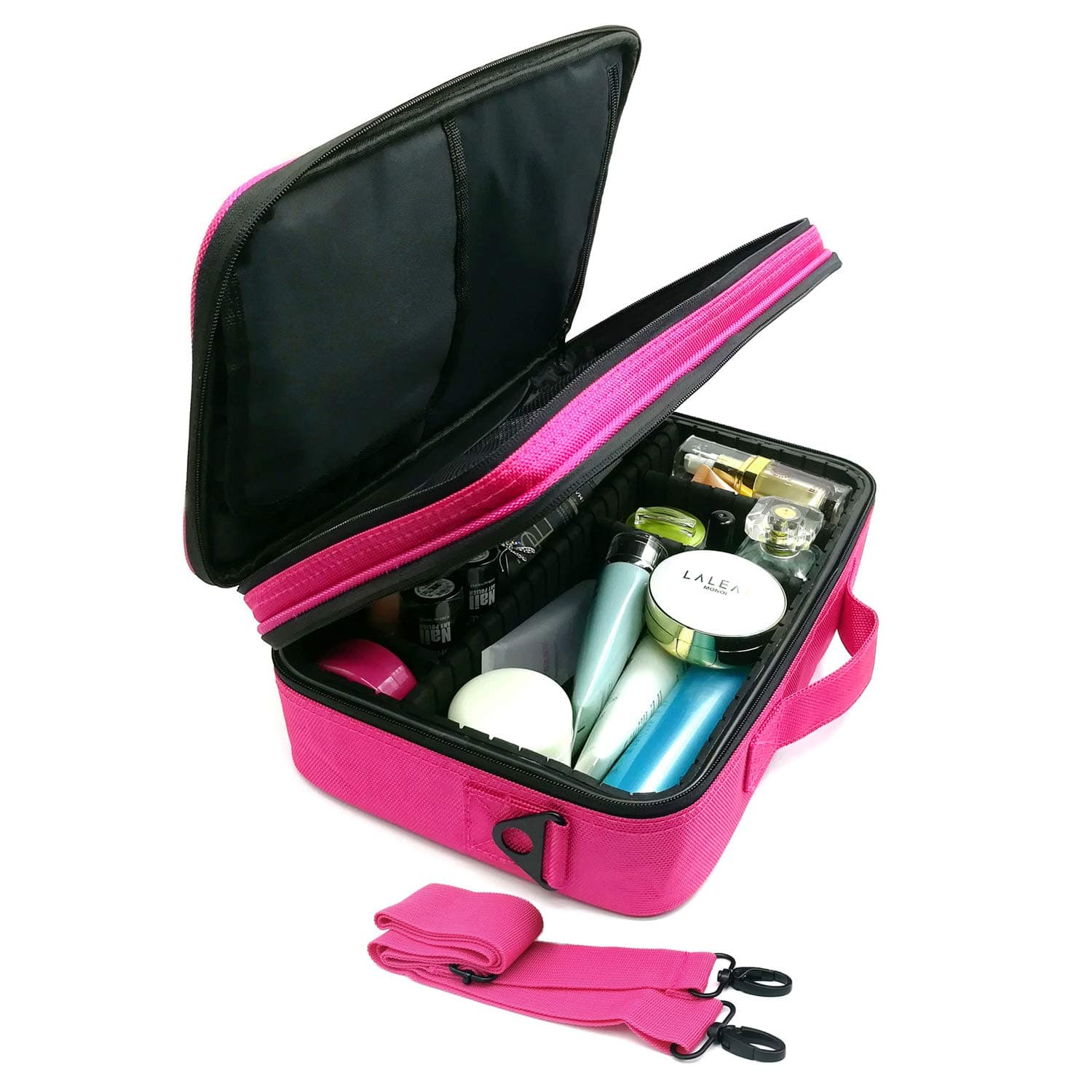 Travel Makeup Bag Train Case, 3 Layer 12.6" Length Portable Cosmetic Organizer with Shoulder Strapes Multi Functional Cosmetic Bag Makeup Handbag for Travel & Home Gift