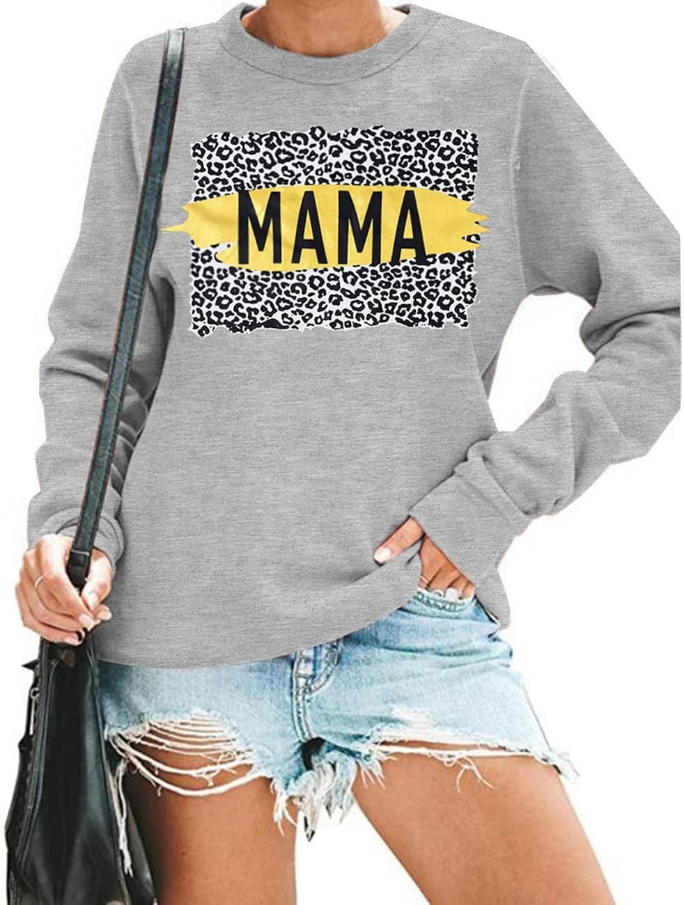 Mama Sweatshirt Women Leopard Letter Print Sweater Shirt Mom Life Long Sleeve Pullover Top
