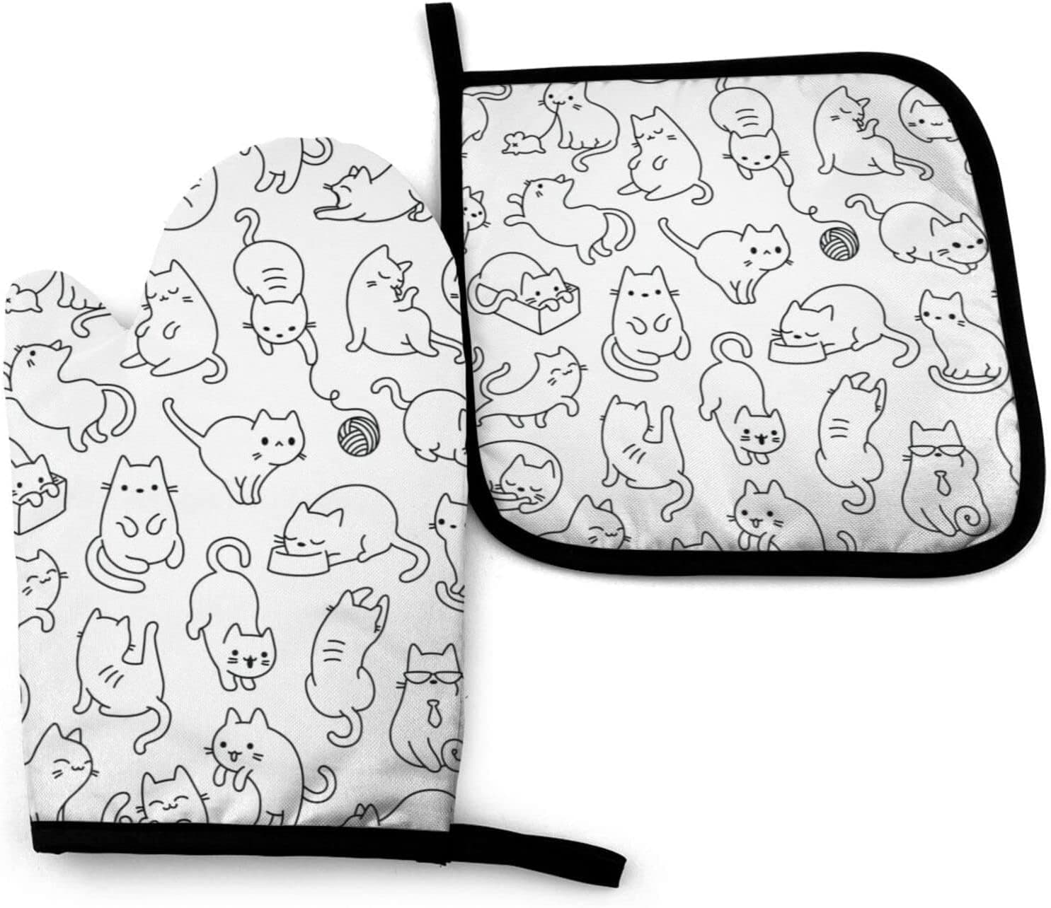 Cat Oven Mitts and Pot Holders Insulated Gloves & Kitchen Counter Safe Mats for Microwave BBQ Cooking Baking Grilling Kitchen Accessories（2 Piece Set）
