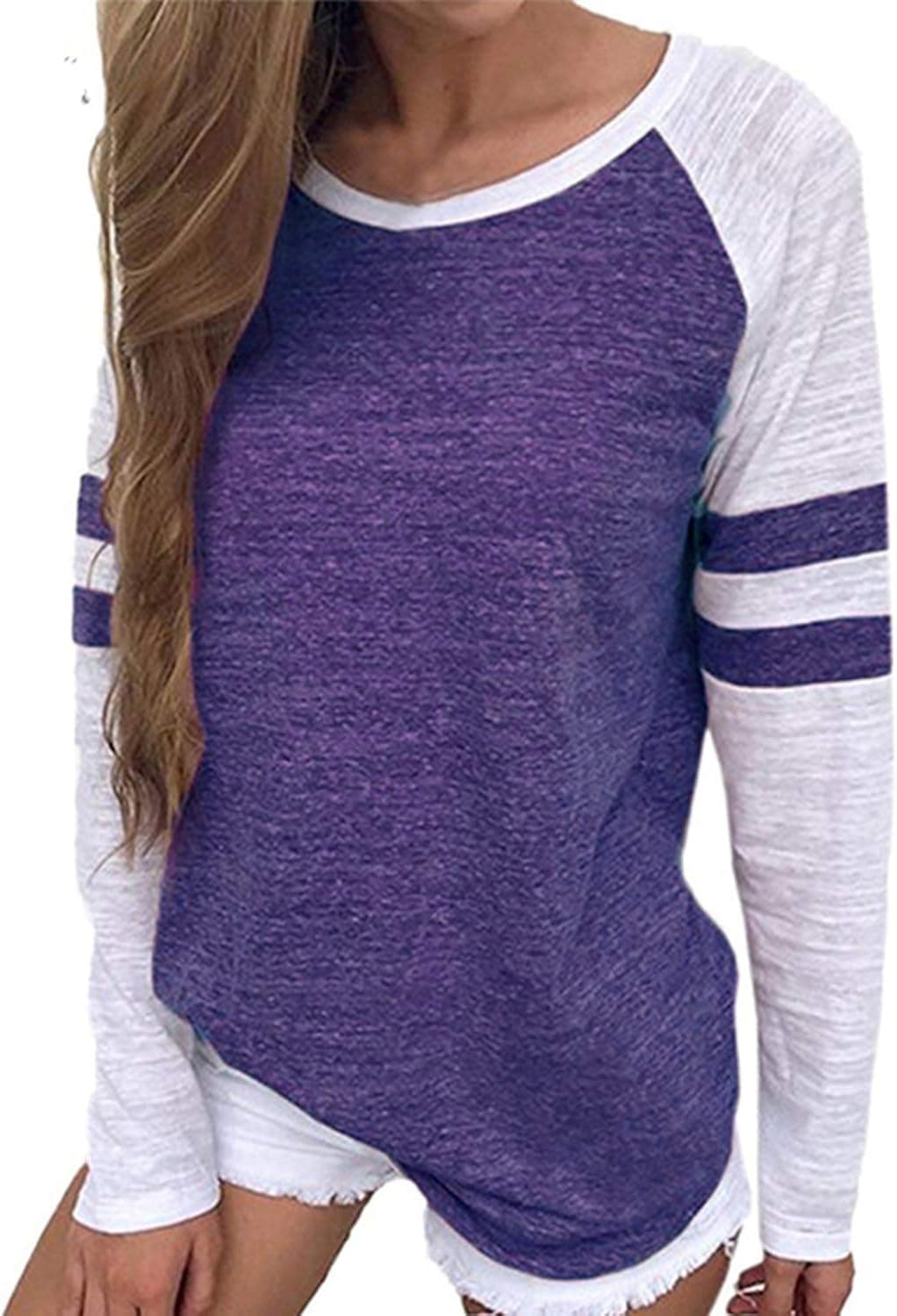 SUNNYEME Baseball Tee Long Sleeve Raglan Shirt Crew Neck Striped Tunics Casual Blouses Tops