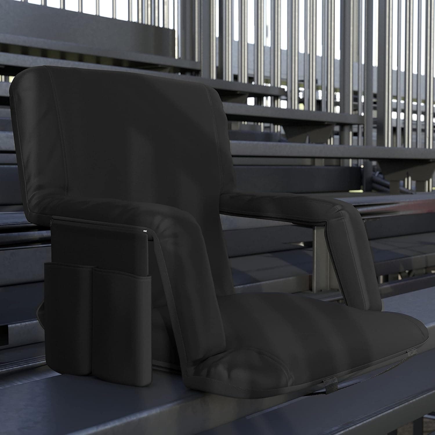 EMMA + OLIVER Set of 2 Black Portable Stadium Chairs with Armrests, Reclining Padded Back & Seat, Lightweight Metal Frame & Backpack Straps
