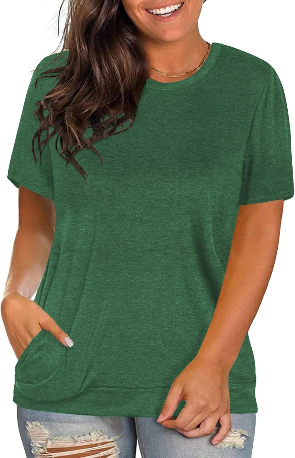 Womens Plus Size Tops Casual Solid Color T-Shirt Round Neck Blouse Tunics with Pockets